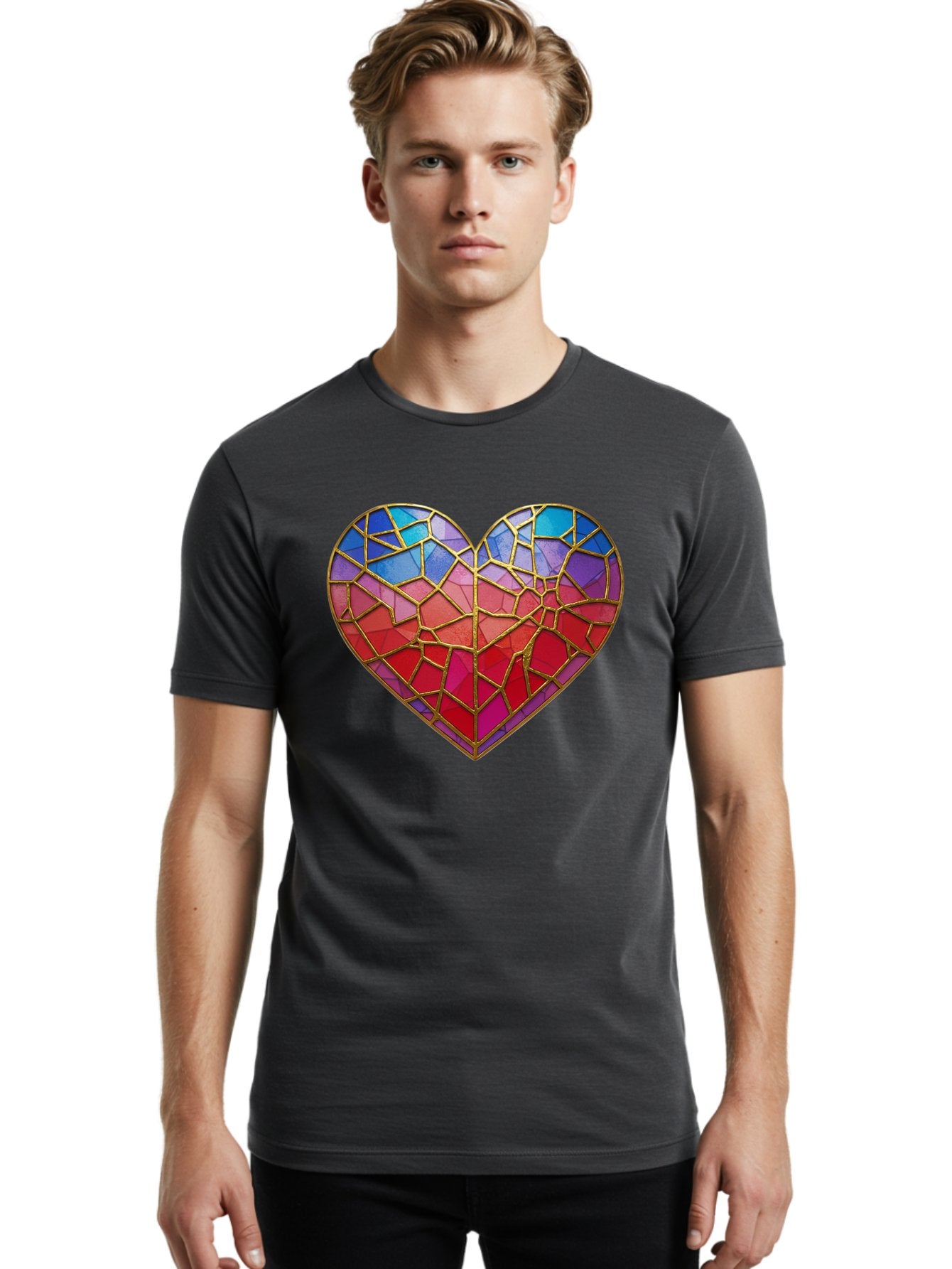 Heart-Mosaic Men'S Graphic Tee, 100% Cotton, Comfortable Casual Summer Wear, Machine Washable, Mosaic Art, Stained Glass Heart, Vibrant Colors, Gold Accents, Love Symbol, Artistic Expression, Colorful Mosaic, Heart Shape Bae040 27
