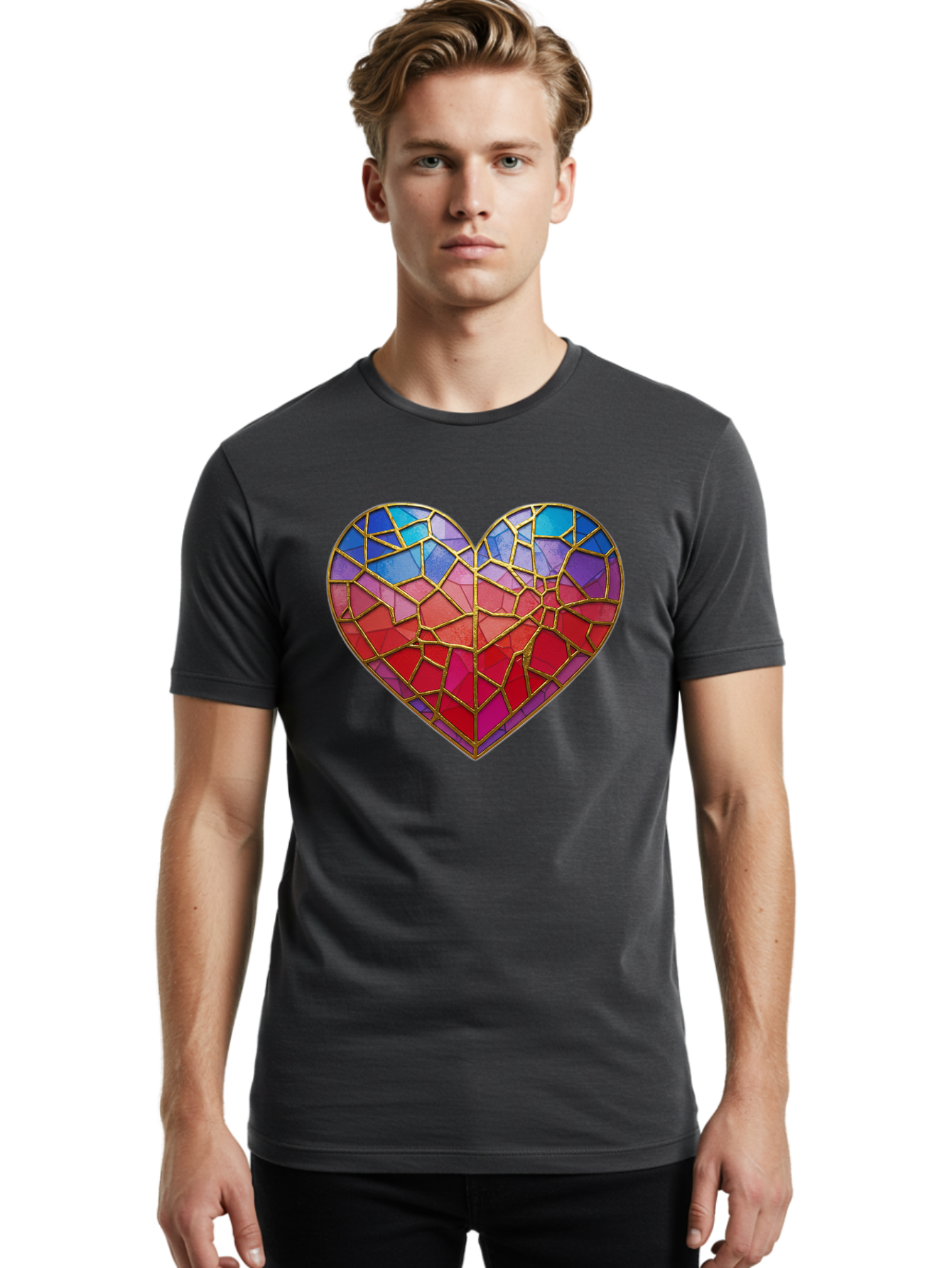 Heart-Mosaic Men'S Graphic Tee, 100% Cotton, Comfortable Casual Summer Wear, Machine Washable, Mosaic Art, Stained Glass Heart, Vibrant Colors, Gold Accents, Love Symbol, Artistic Expression, Colorful Mosaic, Heart Shape Bae040 19