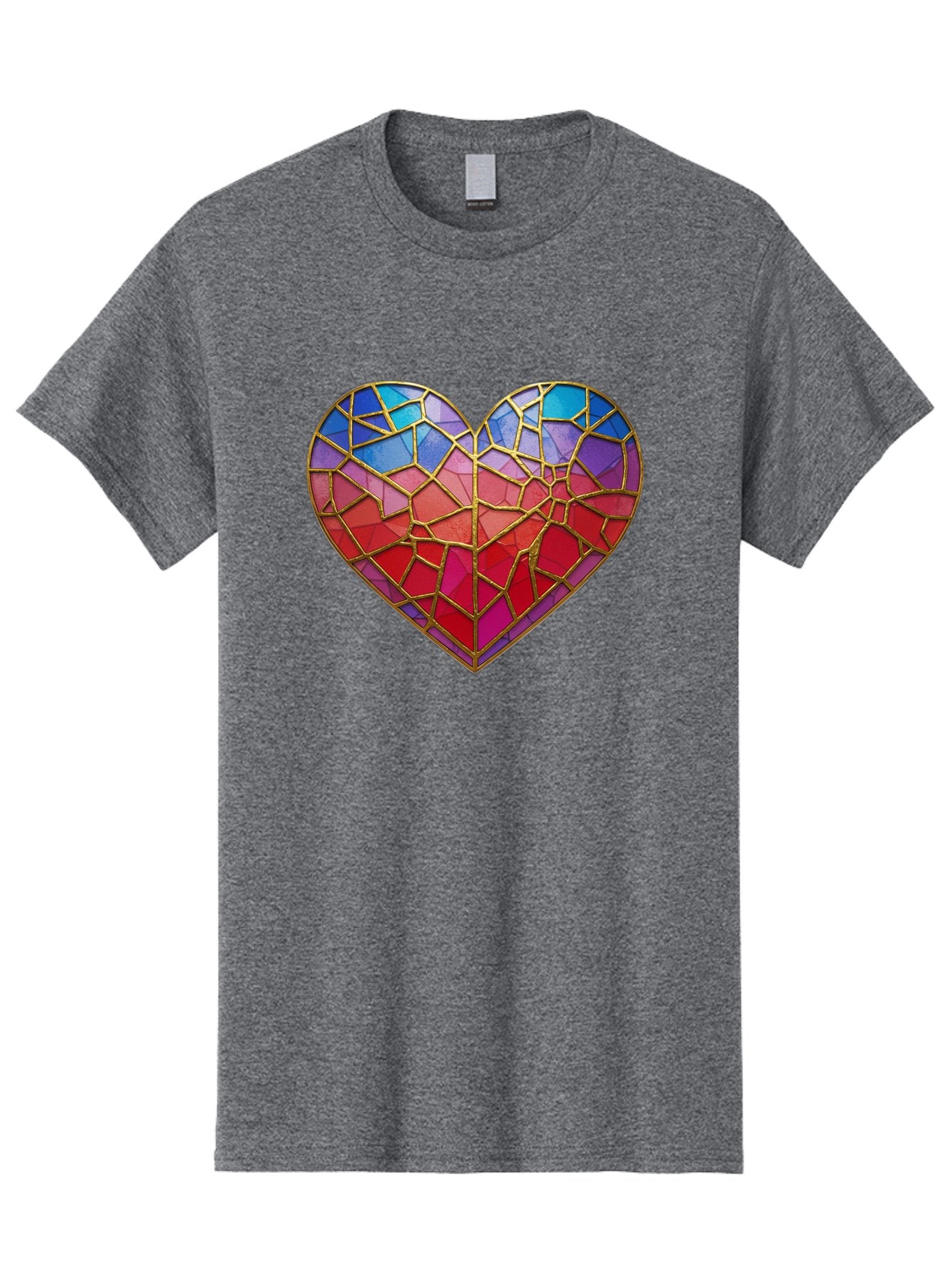 Heart-Mosaic Men'S Graphic Tee, 100% Cotton, Comfortable Casual Summer Wear, Machine Washable, Mosaic Art, Stained Glass Heart, Vibrant Colors, Gold Accents, Love Symbol, Artistic Expression, Colorful Mosaic, Heart Shape Bae040 12