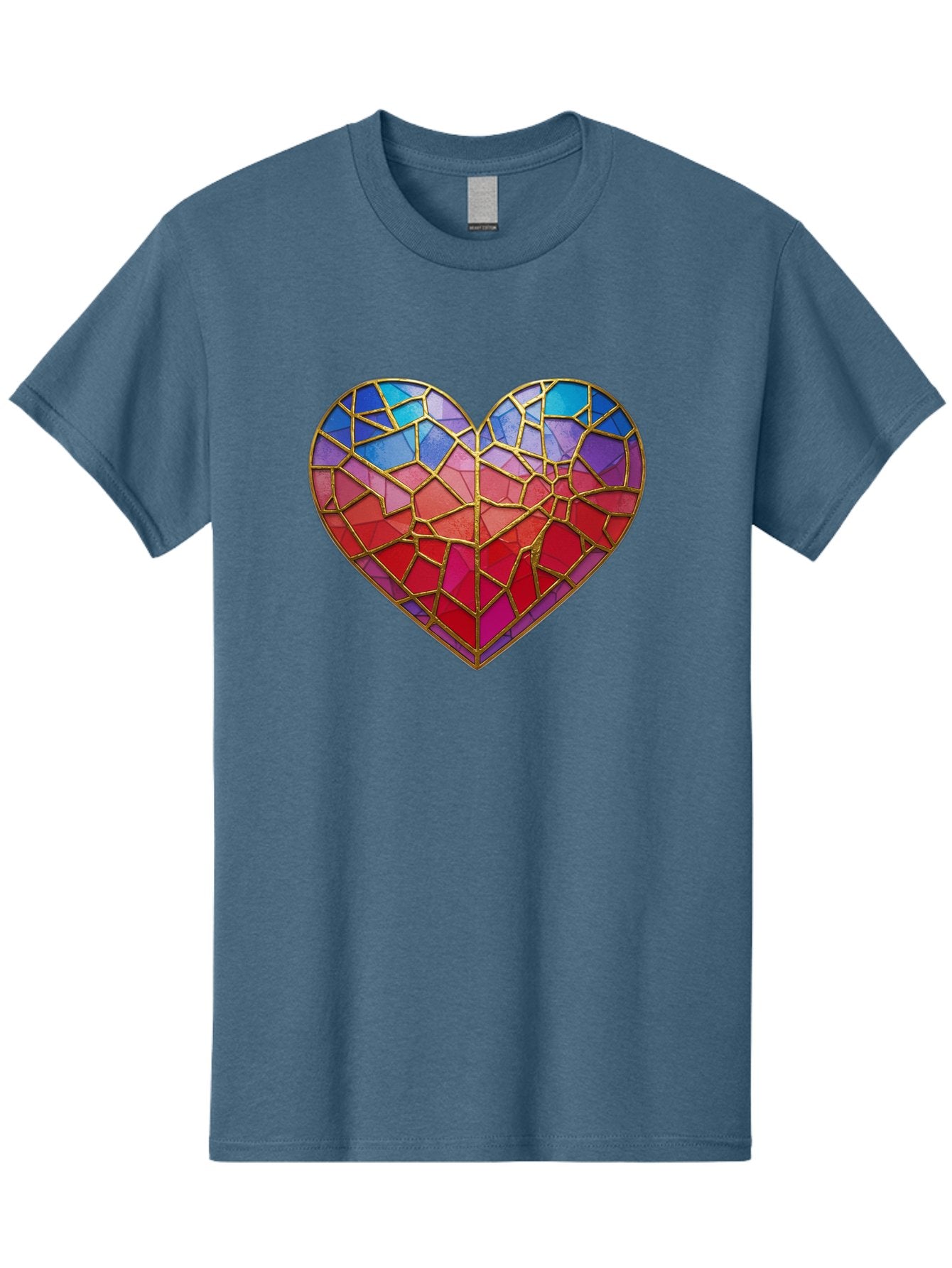 Heart-Mosaic Men'S Graphic Tee, 100% Cotton, Comfortable Casual Summer Wear, Machine Washable, Mosaic Art, Stained Glass Heart, Vibrant Colors, Gold Accents, Love Symbol, Artistic Expression, Colorful Mosaic, Heart Shape Bae040 8