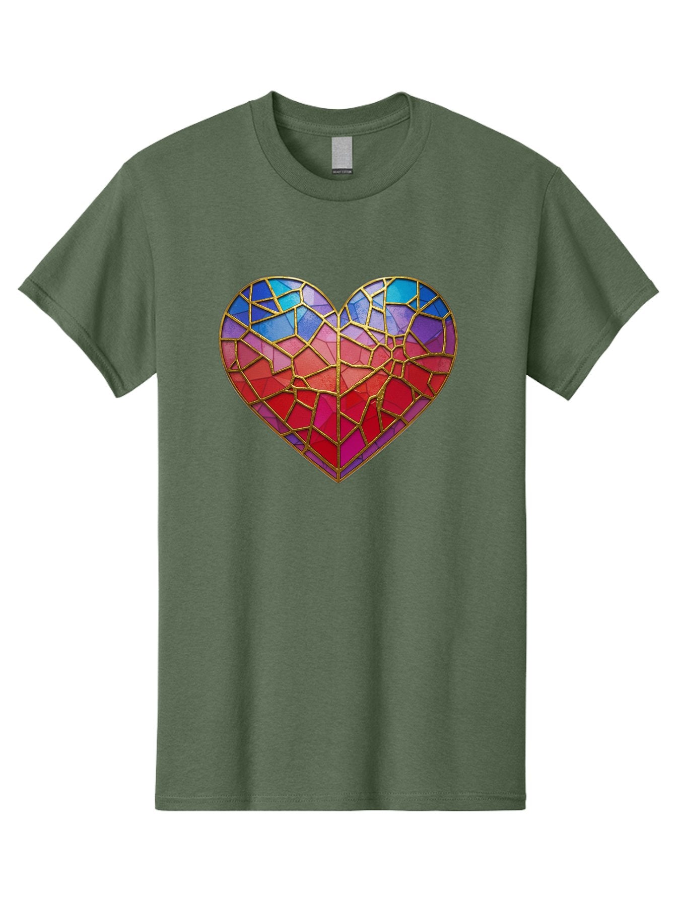 Heart-Mosaic Men'S Graphic Tee, 100% Cotton, Comfortable Casual Summer Wear, Machine Washable, Mosaic Art, Stained Glass Heart, Vibrant Colors, Gold Accents, Love Symbol, Artistic Expression, Colorful Mosaic, Heart Shape Bae040 3