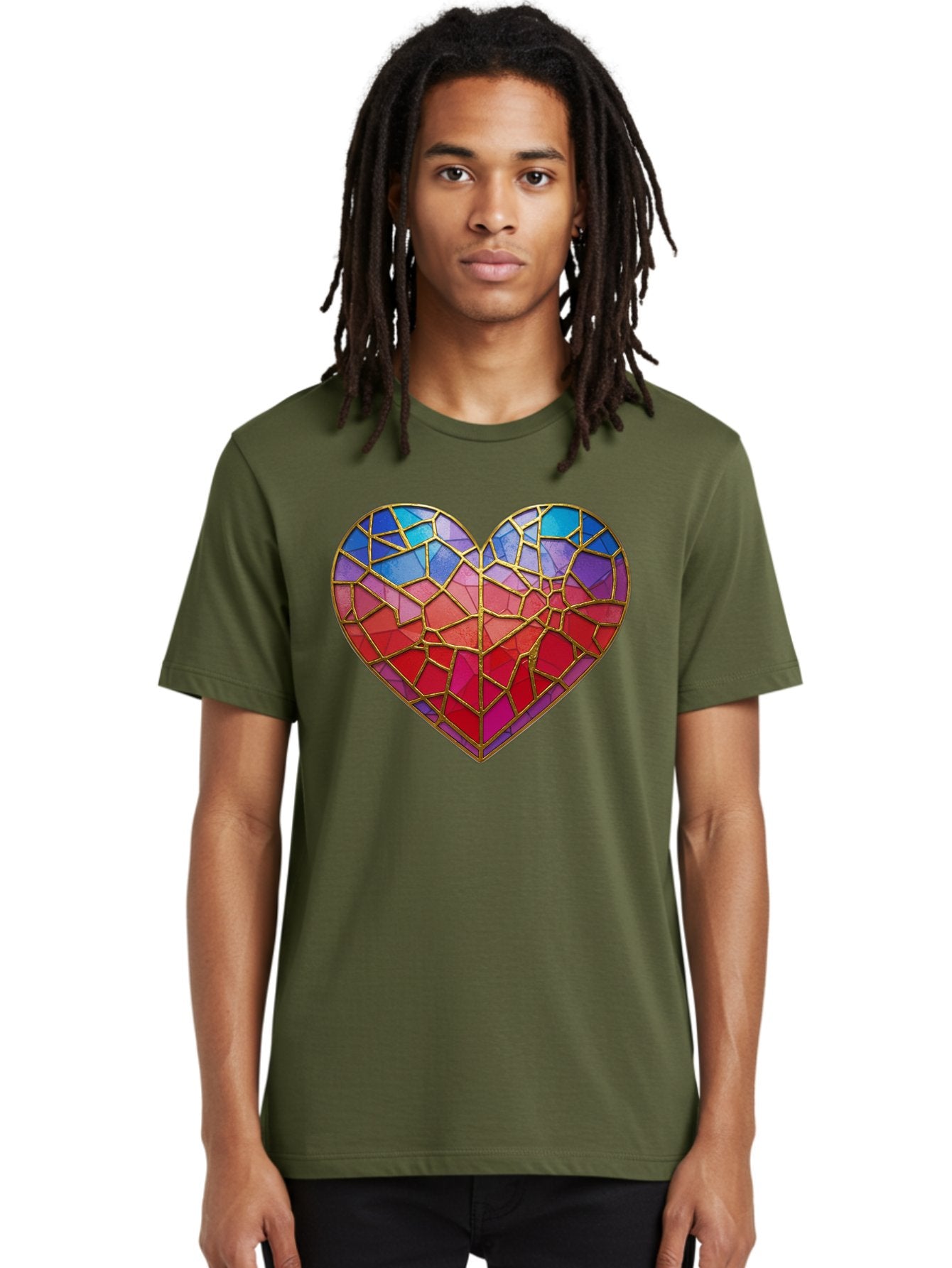 Heart-Mosaic Men'S Graphic Tee, 100% Cotton, Comfortable Casual Summer Wear, Machine Washable, Mosaic Art, Stained Glass Heart, Vibrant Colors, Gold Accents, Love Symbol, Artistic Expression, Colorful Mosaic, Heart Shape Bae040 22