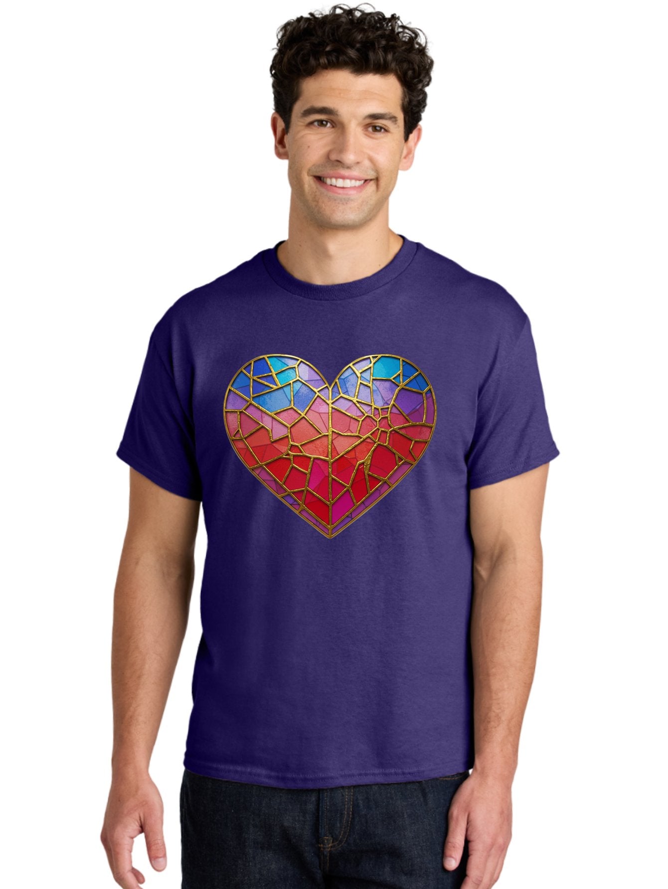 Heart-Mosaic Men'S Graphic Tee, 100% Cotton, Comfortable Casual Summer Wear, Machine Washable, Mosaic Art, Stained Glass Heart, Vibrant Colors, Gold Accents, Love Symbol, Artistic Expression, Colorful Mosaic, Heart Shape Bae040 16