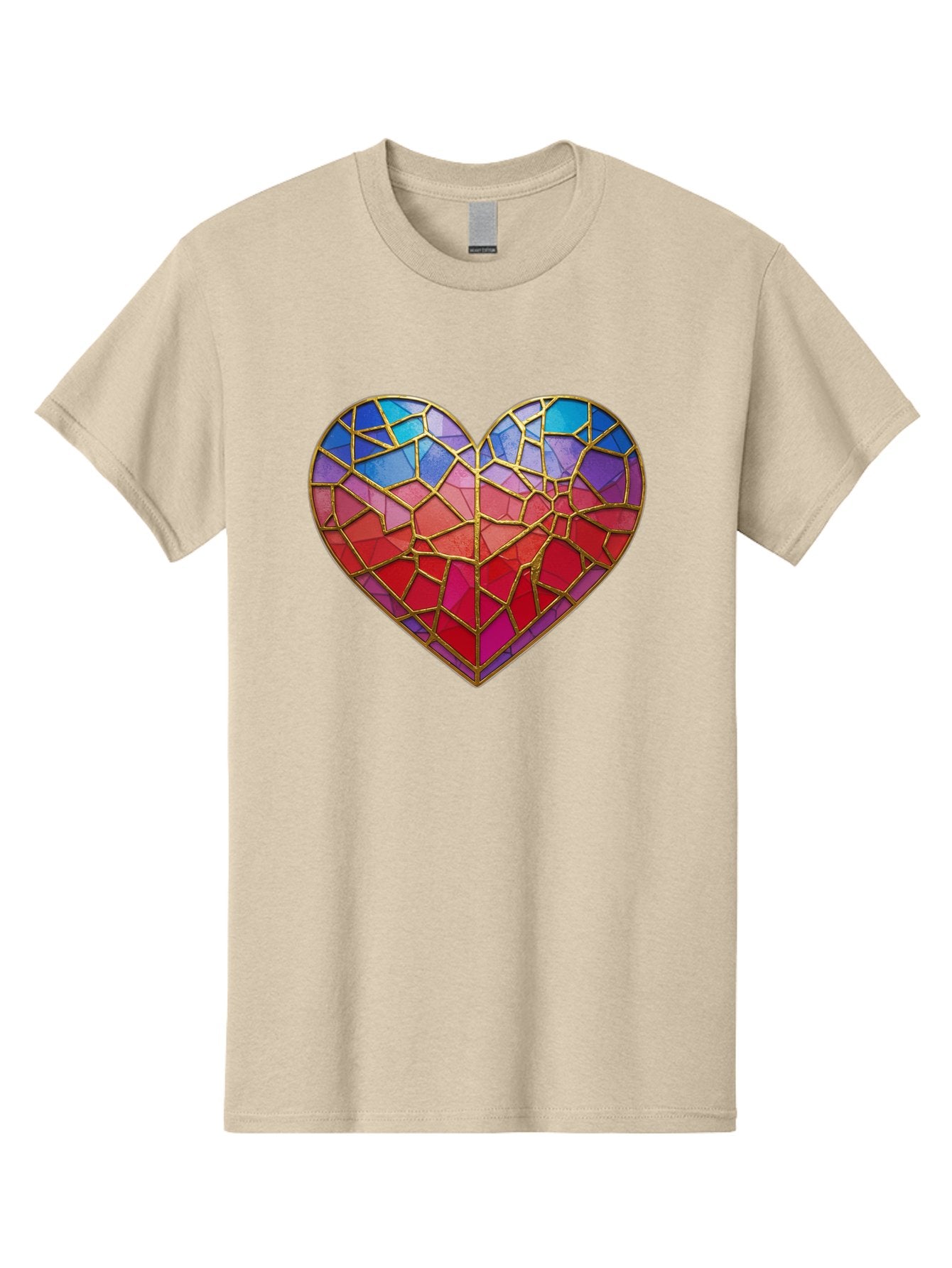 Heart-Mosaic Men'S Graphic Tee, 100% Cotton, Comfortable Casual Summer Wear, Machine Washable, Mosaic Art, Stained Glass Heart, Vibrant Colors, Gold Accents, Love Symbol, Artistic Expression, Colorful Mosaic, Heart Shape Bae040 10