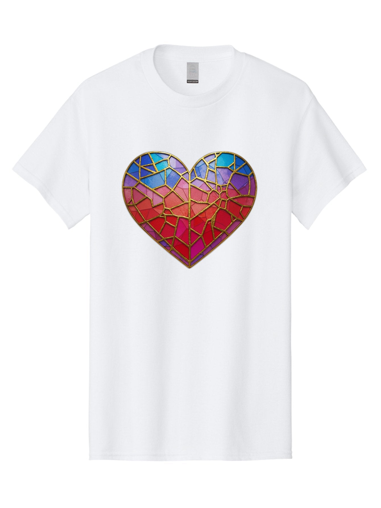 Heart-Mosaic Men'S Graphic Tee, 100% Cotton, Comfortable Casual Summer Wear, Machine Washable, Mosaic Art, Stained Glass Heart, Vibrant Colors, Gold Accents, Love Symbol, Artistic Expression, Colorful Mosaic, Heart Shape Bae040 4