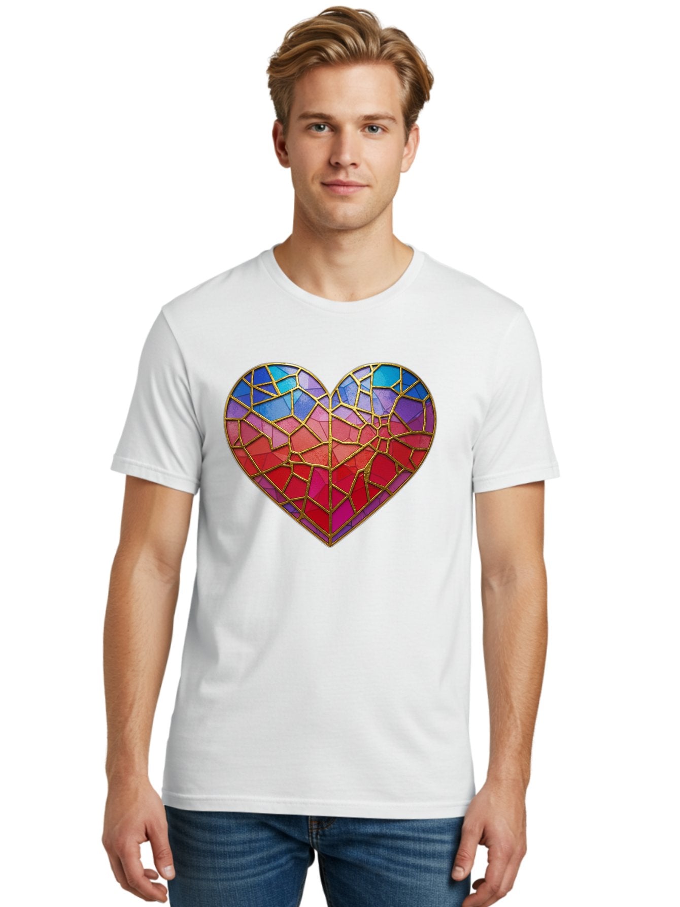 Heart-Mosaic Men'S Graphic Tee, 100% Cotton, Comfortable Casual Summer Wear, Machine Washable, Mosaic Art, Stained Glass Heart, Vibrant Colors, Gold Accents, Love Symbol, Artistic Expression, Colorful Mosaic, Heart Shape Bae040 18