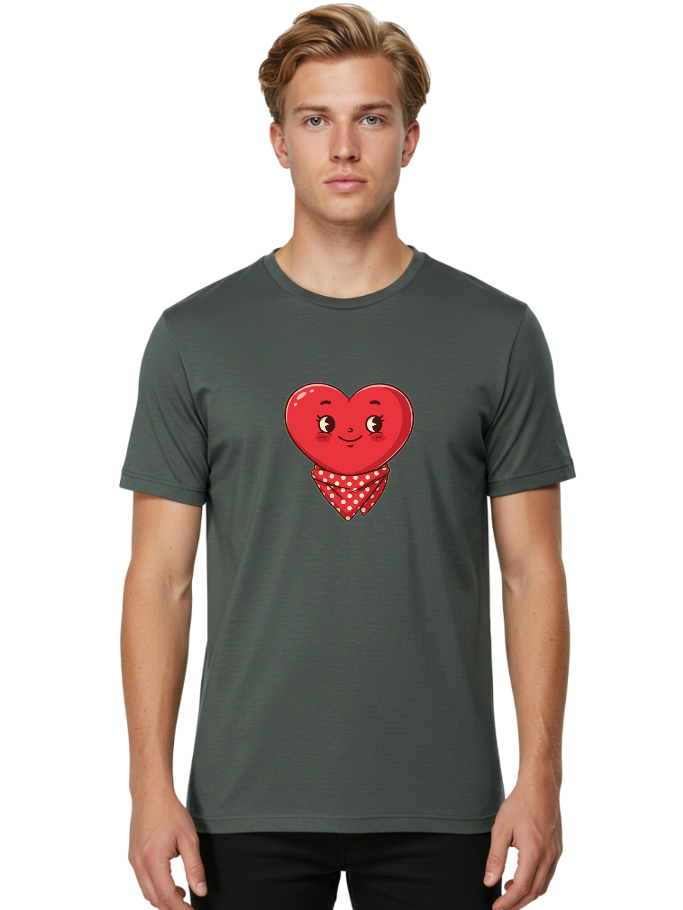 Heart-With-Bandana Men'S Graphic Tee, 100% Cotton, Comfortable Casual Summer Wear, Machine Washable, Cartoon Heart, Red Heart, Smiling Face, Heart With Bandana, Polka Dot Bandana, Cute Design, Valentines Day, Love Symbol Bae041 18