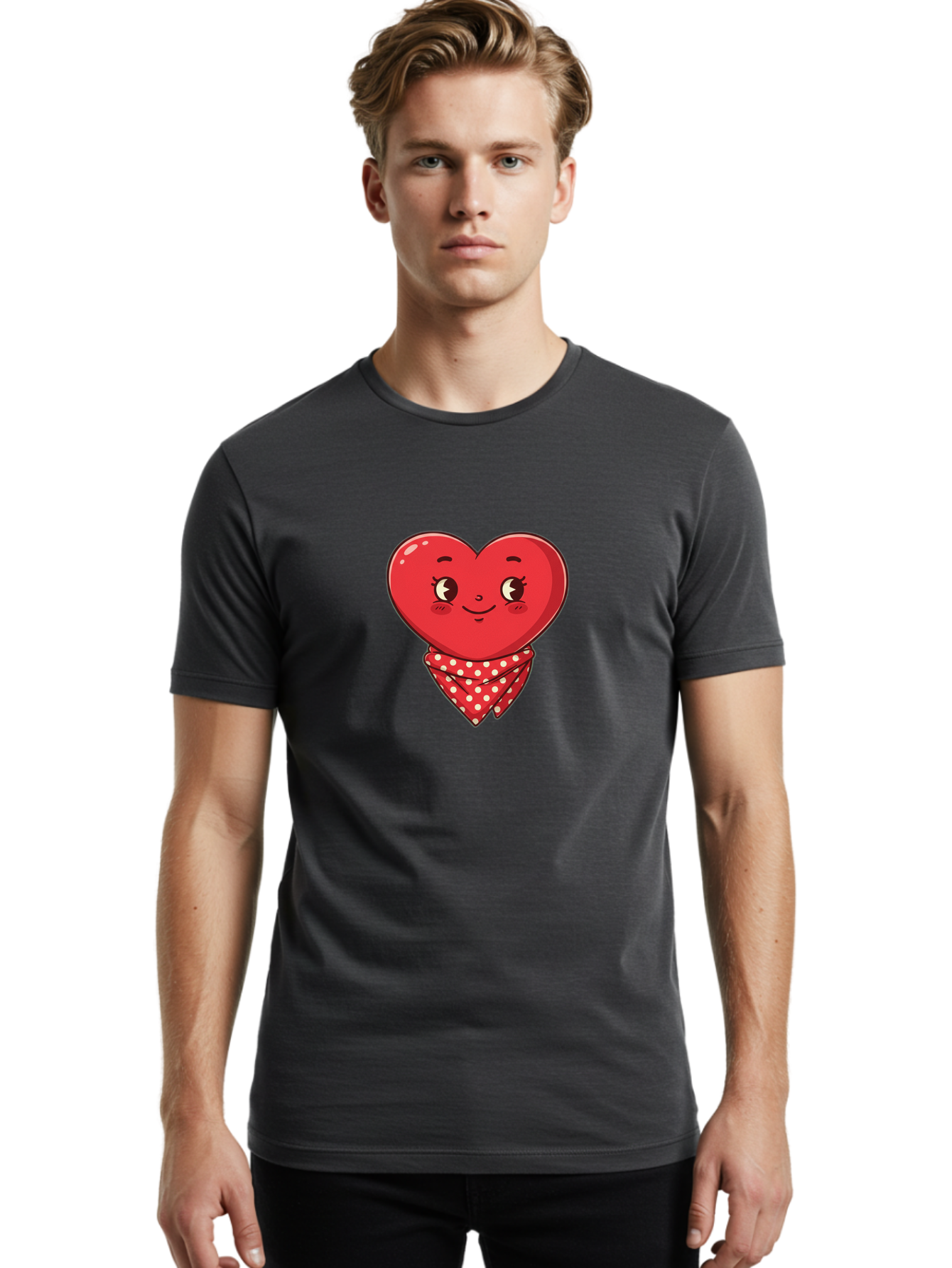 Heart-With-Bandana Men'S Graphic Tee, 100% Cotton, Comfortable Casual Summer Wear, Machine Washable, Cartoon Heart, Red Heart, Smiling Face, Heart With Bandana, Polka Dot Bandana, Cute Design, Valentines Day, Love Symbol Bae041 23