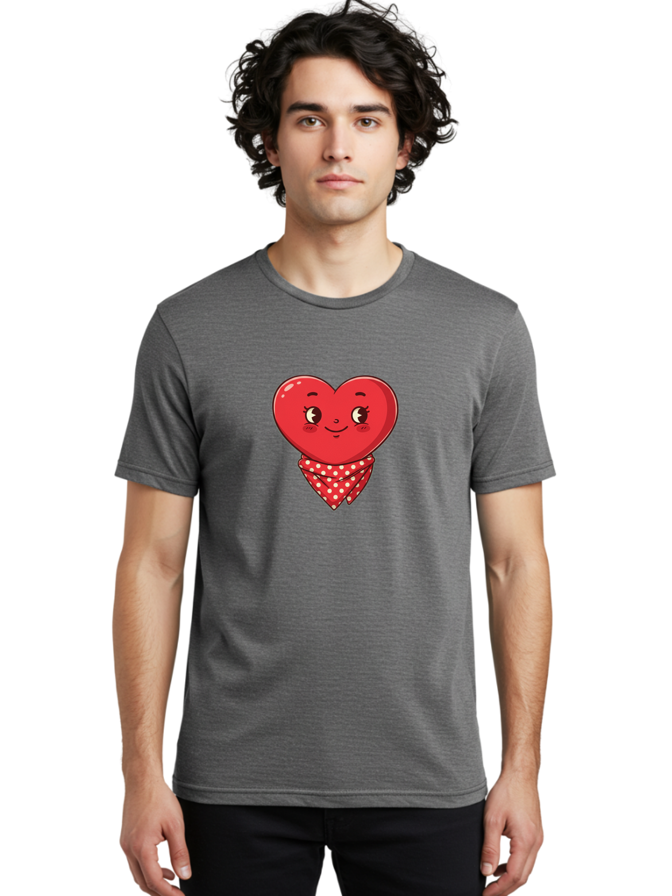 Heart-With-Bandana Men'S Graphic Tee, 100% Cotton, Comfortable Casual Summer Wear, Machine Washable, Cartoon Heart, Red Heart, Smiling Face, Heart With Bandana, Polka Dot Bandana, Cute Design, Valentines Day, Love Symbol Bae041 19
