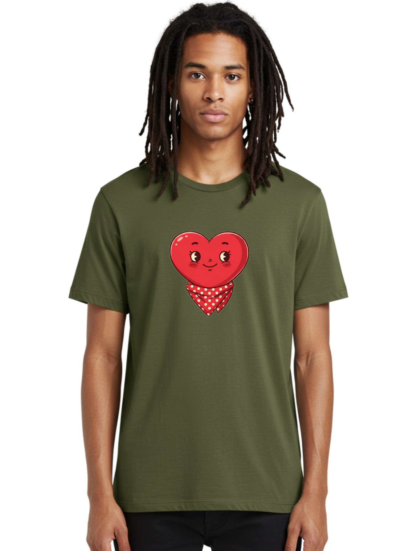 Heart-With-Bandana Men'S Graphic Tee, 100% Cotton, Comfortable Casual Summer Wear, Machine Washable, Cartoon Heart, Red Heart, Smiling Face, Heart With Bandana, Polka Dot Bandana, Cute Design, Valentines Day, Love Symbol Bae041 28
