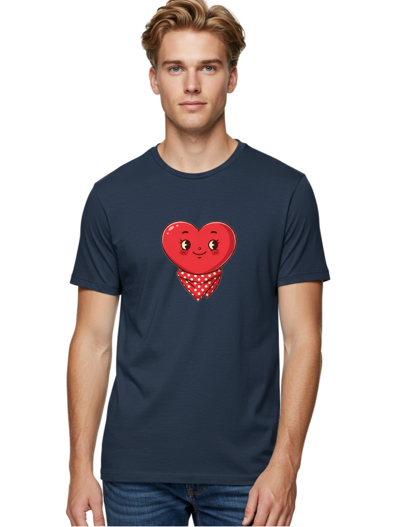 Heart-With-Bandana Men'S Graphic Tee, 100% Cotton, Comfortable Casual Summer Wear, Machine Washable, Cartoon Heart, Red Heart, Smiling Face, Heart With Bandana, Polka Dot Bandana, Cute Design, Valentines Day, Love Symbol Bae041 20