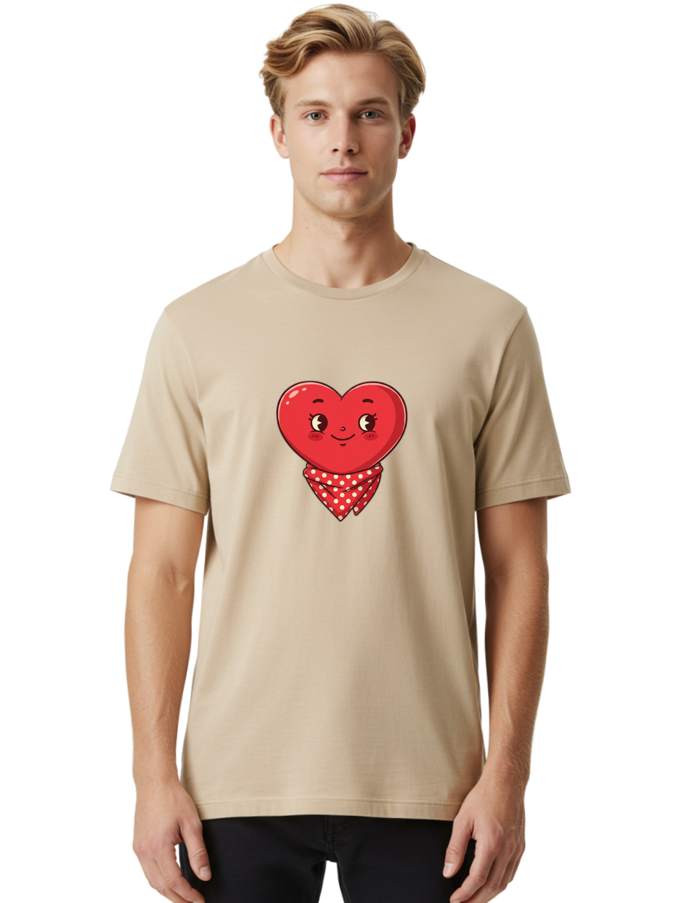 Heart-With-Bandana Men'S Graphic Tee, 100% Cotton, Comfortable Casual Summer Wear, Machine Washable, Cartoon Heart, Red Heart, Smiling Face, Heart With Bandana, Polka Dot Bandana, Cute Design, Valentines Day, Love Symbol Bae041 26