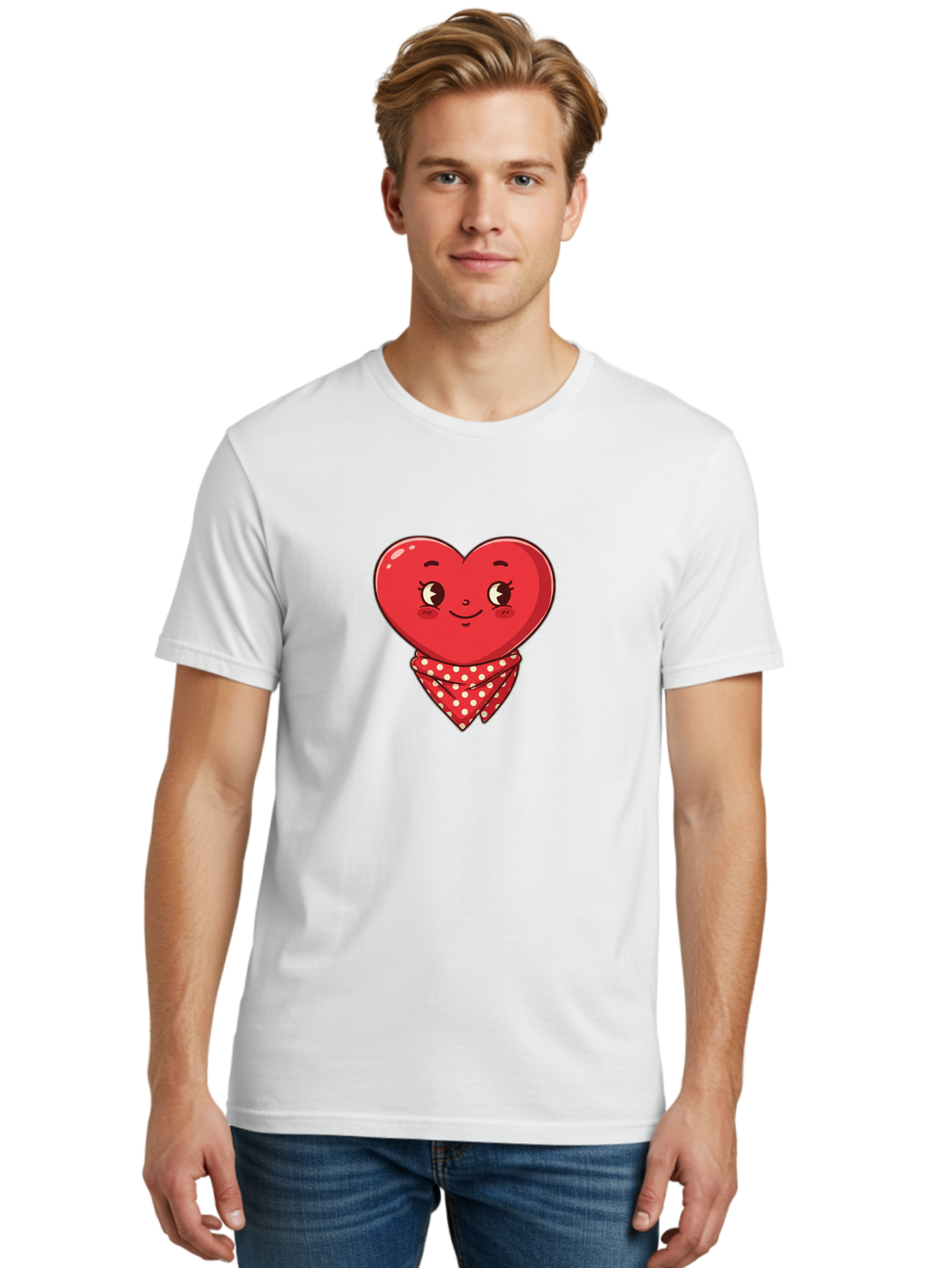 Heart-With-Bandana Men'S Graphic Tee, 100% Cotton, Comfortable Casual Summer Wear, Machine Washable, Cartoon Heart, Red Heart, Smiling Face, Heart With Bandana, Polka Dot Bandana, Cute Design, Valentines Day, Love Symbol Bae041 27