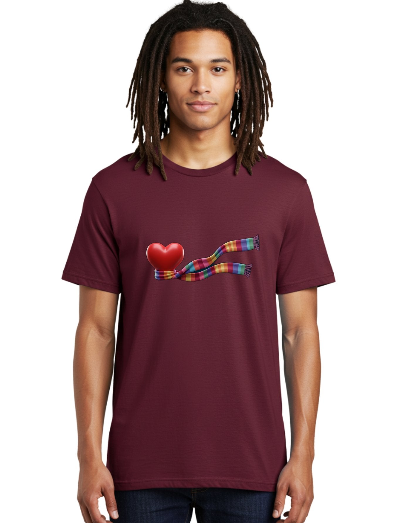 Heart-With-Scarf-2 Men'S Graphic Tee, 100% Cotton, Comfortable Casual Summer Wear, Machine Washable, Red Heart Wrapped In A Scarf, Plaid Pattern, Vibrant Colors, Festive Atmosphere, Love Symbol, Winter Theme, Cozy Feeling Bae043 30