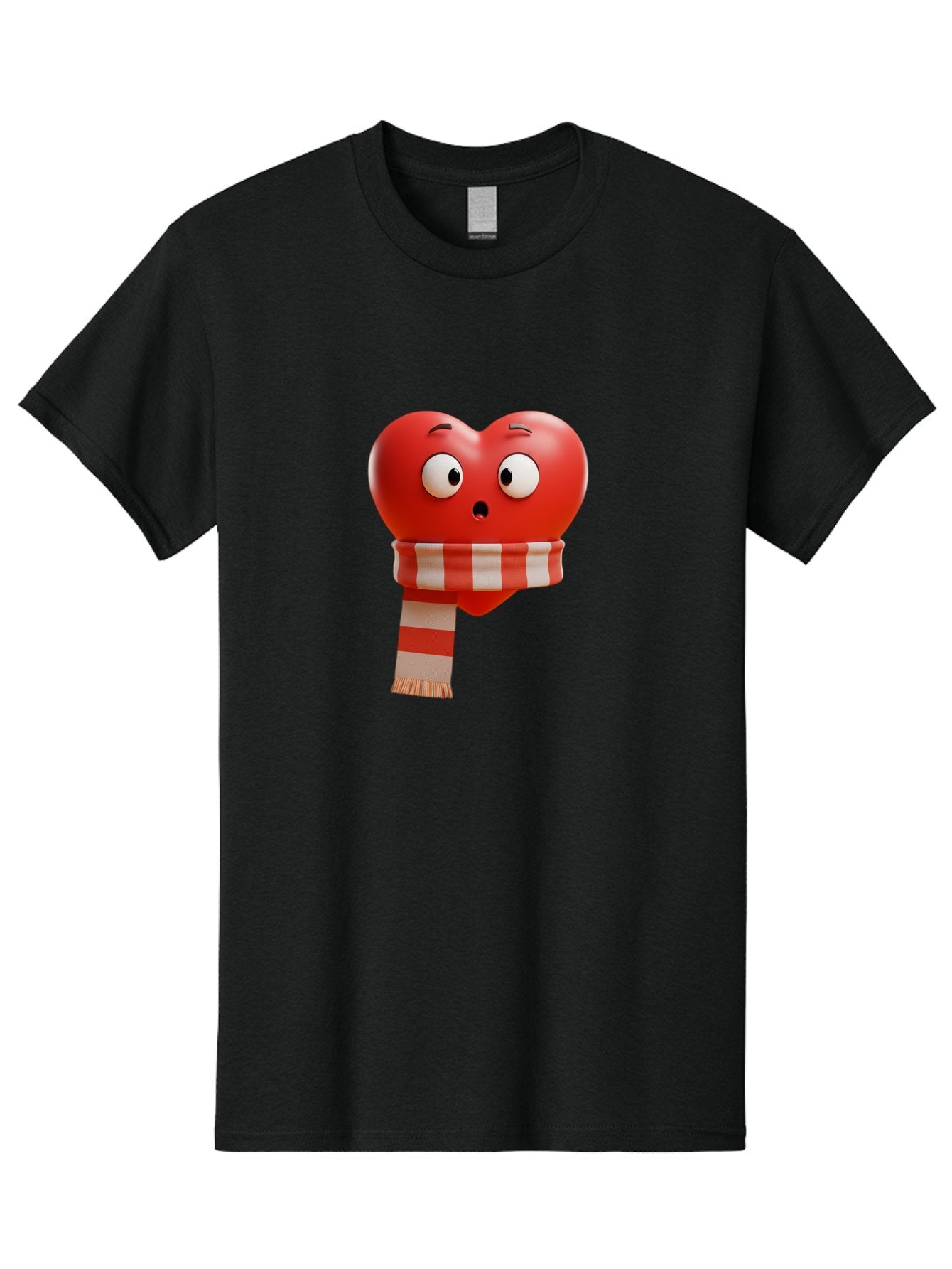 Heart-With-Scarf-3 Men'S Graphic Tee, 100% Cotton, Comfortable Casual Summer Wear, Machine Washable, Cartoon Heart, Red Heart, Surprised Face, Scarf Wrapped, Striped Scarf, 3D Character, Funny Expression, Cute Design, Winter Accessory, Bae044 3