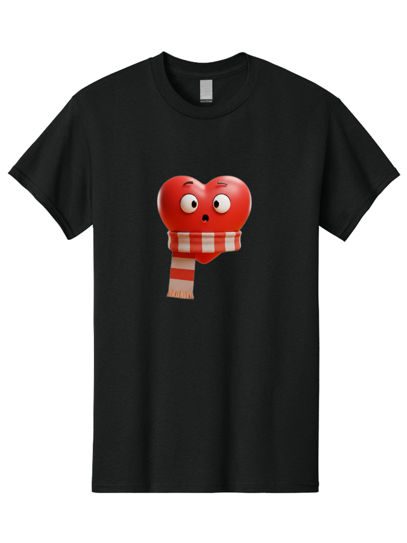 Heart-With-Scarf-3 Men'S Graphic Tee, 100% Cotton, Comfortable Casual Summer Wear, Machine Washable, Cartoon Heart, Red Heart, Surprised Face, Scarf Wrapped, Striped Scarf, 3D Character, Funny Expression, Cute Design, Winter Accessory, Bae044 9