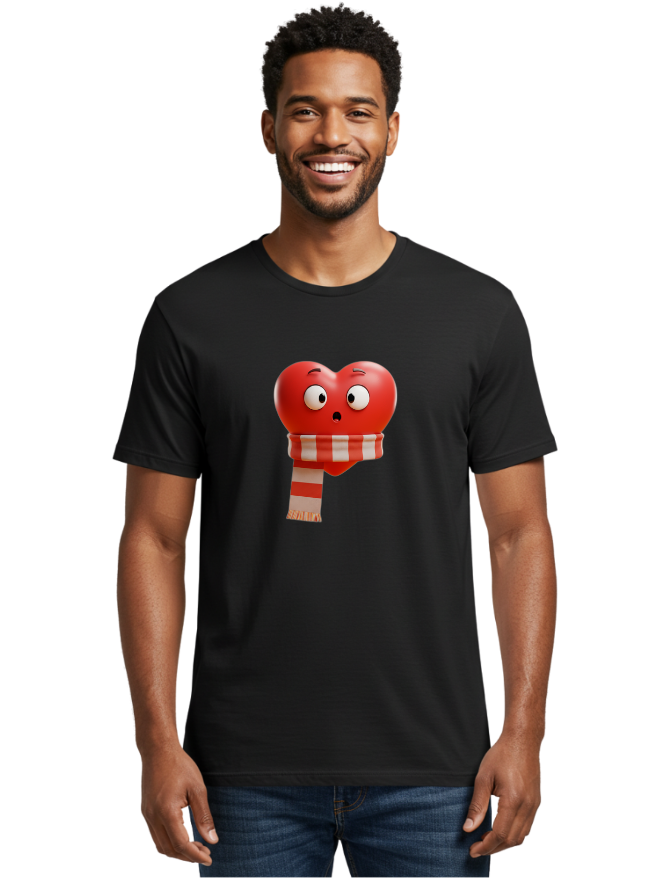 Heart-With-Scarf-3 Men'S Graphic Tee, 100% Cotton, Comfortable Casual Summer Wear, Machine Washable, Cartoon Heart, Red Heart, Surprised Face, Scarf Wrapped, Striped Scarf, 3D Character, Funny Expression, Cute Design, Winter Accessory, Bae044 24
