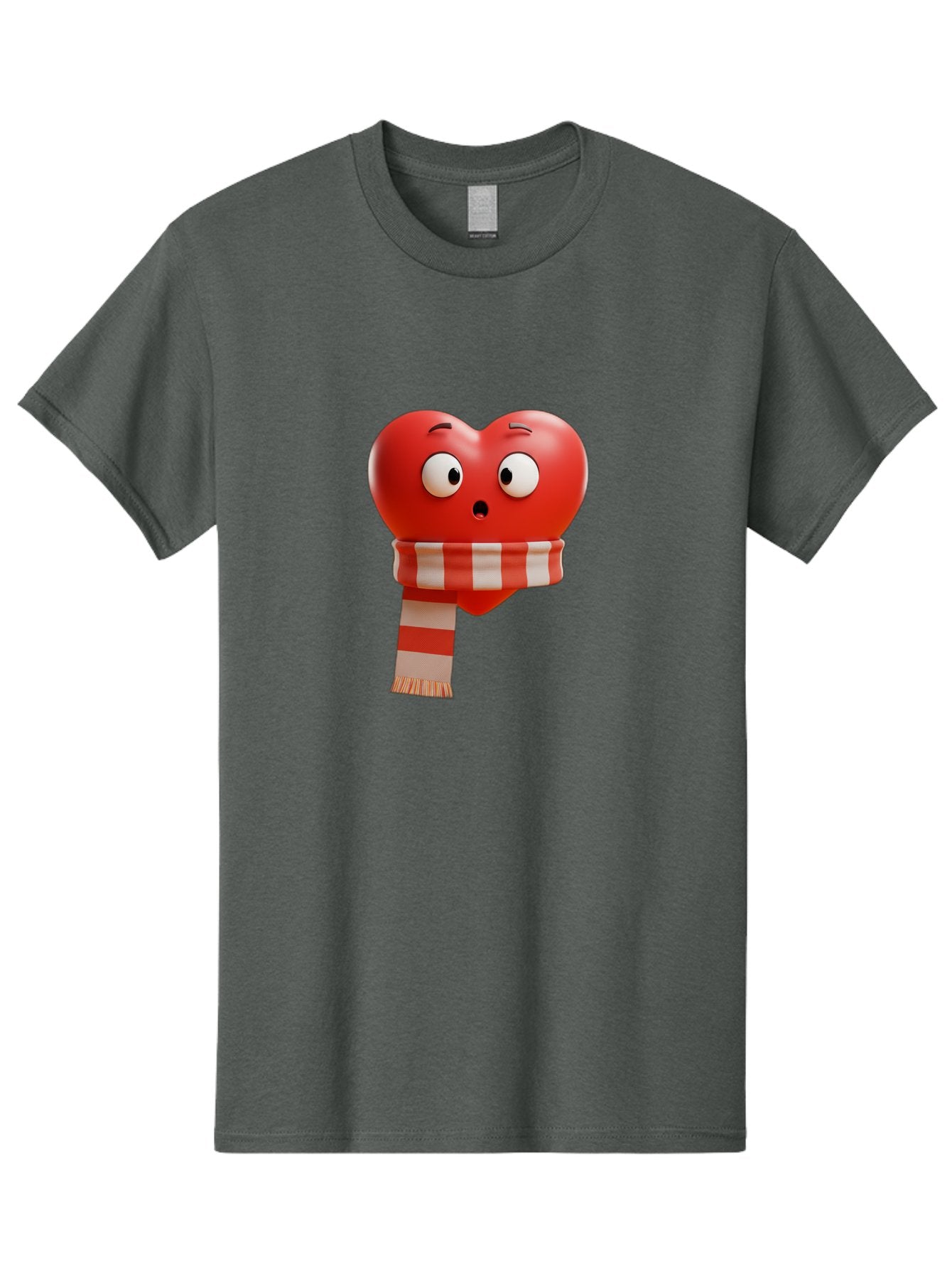 Heart-With-Scarf-3 Men'S Graphic Tee, 100% Cotton, Comfortable Casual Summer Wear, Machine Washable, Cartoon Heart, Red Heart, Surprised Face, Scarf Wrapped, Striped Scarf, 3D Character, Funny Expression, Cute Design, Winter Accessory, Bae044 15