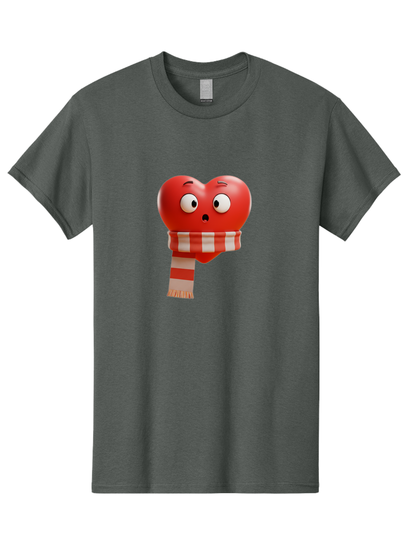 Heart-With-Scarf-3 Men'S Graphic Tee, 100% Cotton, Comfortable Casual Summer Wear, Machine Washable, Cartoon Heart, Red Heart, Surprised Face, Scarf Wrapped, Striped Scarf, 3D Character, Funny Expression, Cute Design, Winter Accessory, Bae044