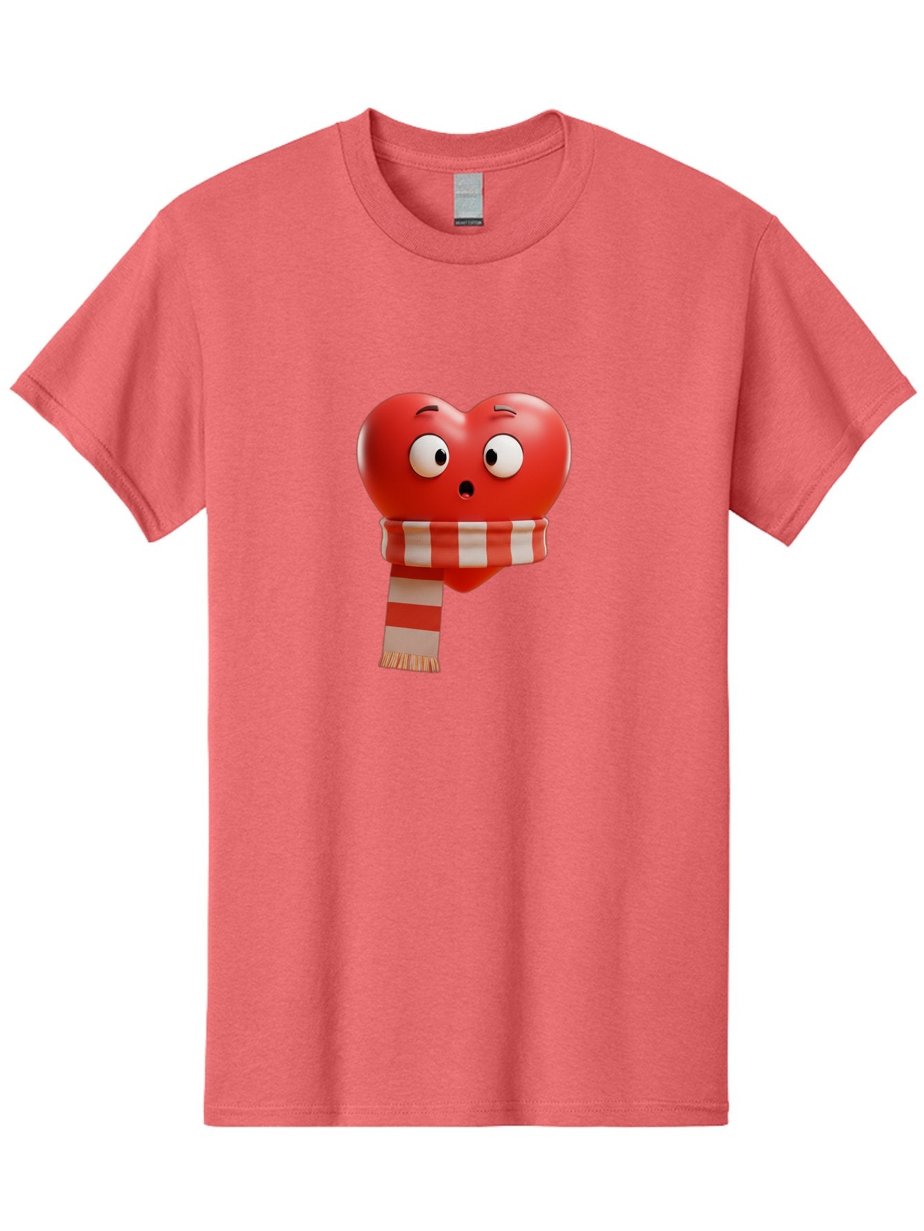 Heart-With-Scarf-3 Men'S Graphic Tee, 100% Cotton, Comfortable Casual Summer Wear, Machine Washable, Cartoon Heart, Red Heart, Surprised Face, Scarf Wrapped, Striped Scarf, 3D Character, Funny Expression, Cute Design, Winter Accessory, Bae044