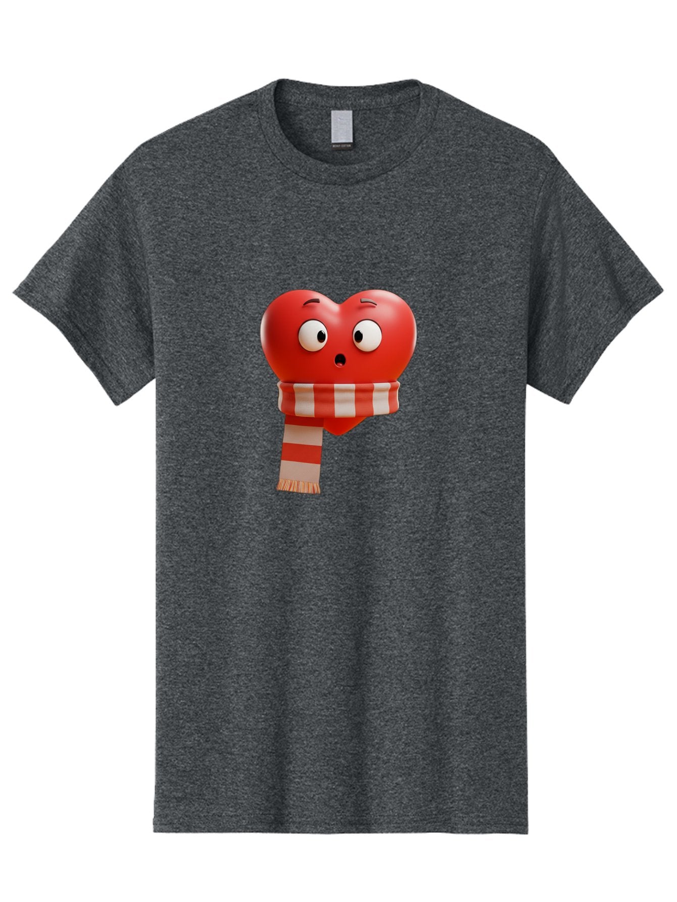 Heart-With-Scarf-3 Men'S Graphic Tee, 100% Cotton, Comfortable Casual Summer Wear, Machine Washable, Cartoon Heart, Red Heart, Surprised Face, Scarf Wrapped, Striped Scarf, 3D Character, Funny Expression, Cute Design, Winter Accessory, Bae044 9