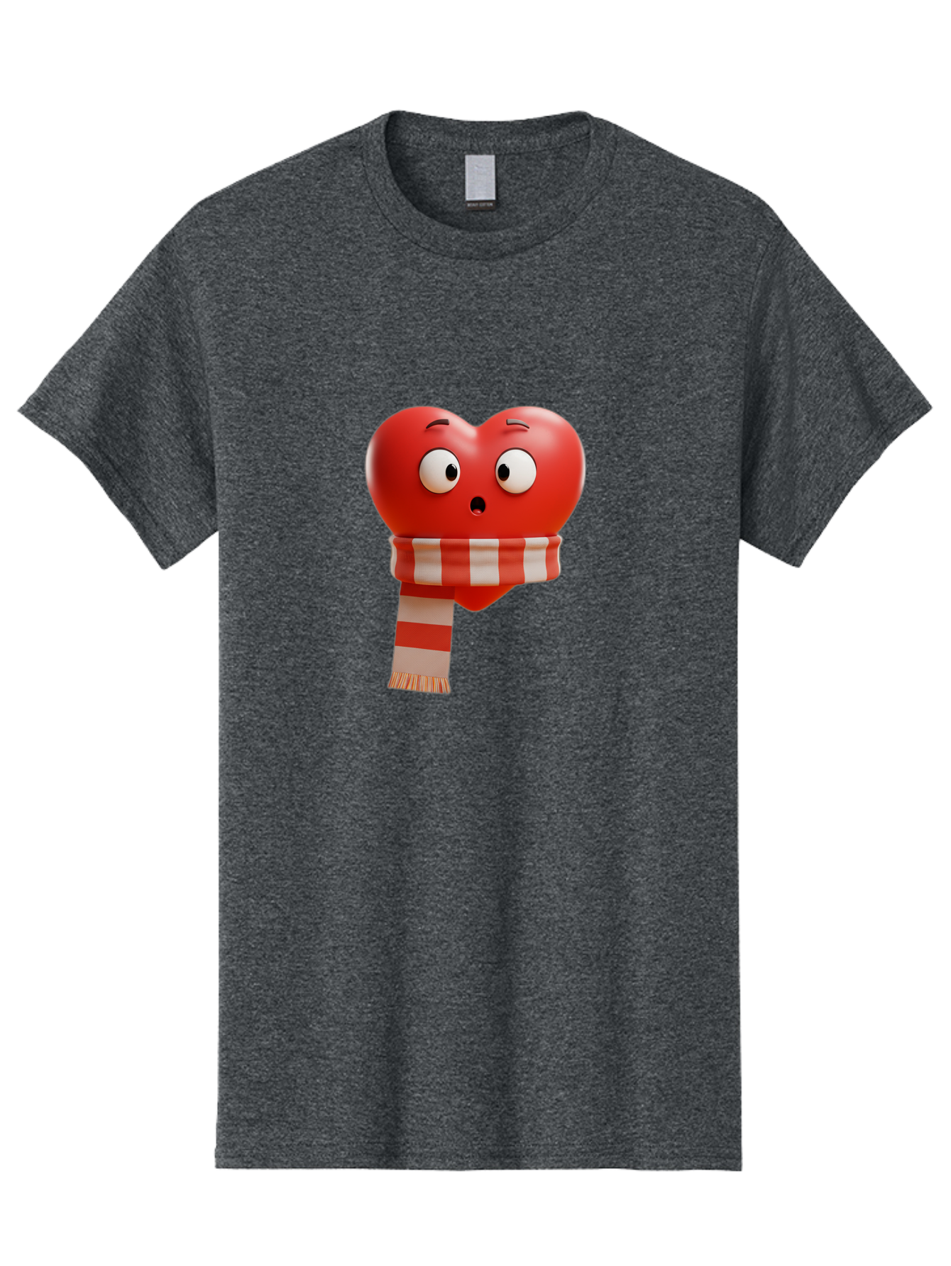 Heart-With-Scarf-3 Men'S Graphic Tee, 100% Cotton, Comfortable Casual Summer Wear, Machine Washable, Cartoon Heart, Red Heart, Surprised Face, Scarf Wrapped, Striped Scarf, 3D Character, Funny Expression, Cute Design, Winter Accessory, Bae044 5