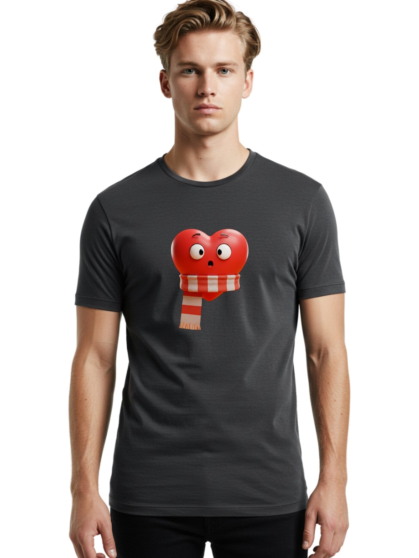 Heart-With-Scarf-3 Men'S Graphic Tee, 100% Cotton, Comfortable Casual Summer Wear, Machine Washable, Cartoon Heart, Red Heart, Surprised Face, Scarf Wrapped, Striped Scarf, 3D Character, Funny Expression, Cute Design, Winter Accessory, Bae044 26