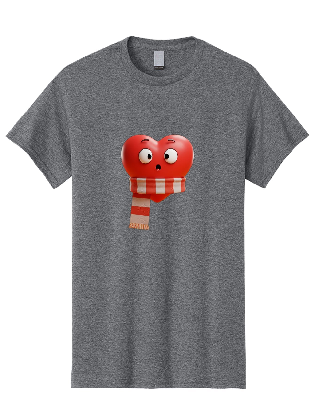Heart-With-Scarf-3 Men'S Graphic Tee, 100% Cotton, Comfortable Casual Summer Wear, Machine Washable, Cartoon Heart, Red Heart, Surprised Face, Scarf Wrapped, Striped Scarf, 3D Character, Funny Expression, Cute Design, Winter Accessory, Bae044 8