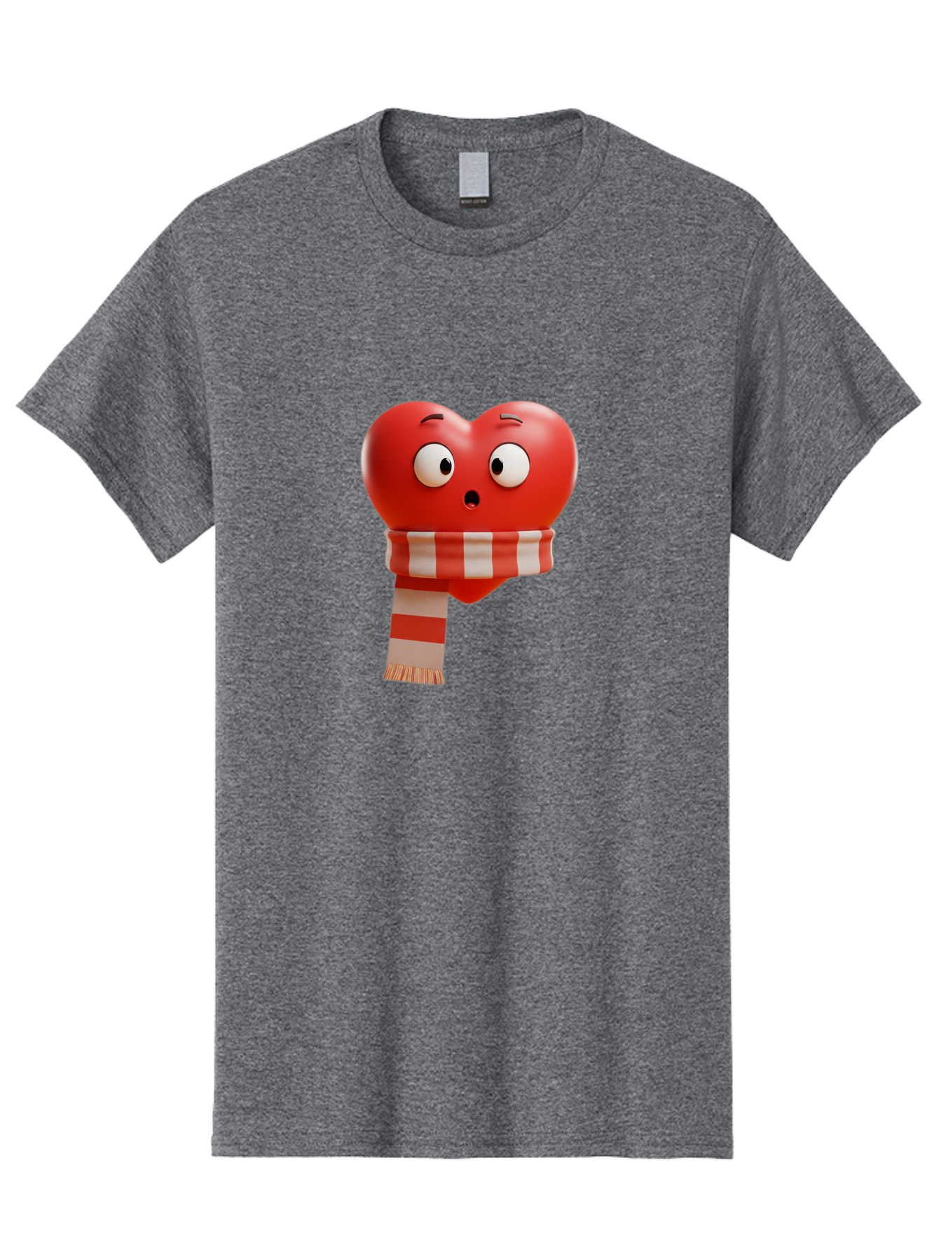 Heart-With-Scarf-3 Men'S Graphic Tee, 100% Cotton, Comfortable Casual Summer Wear, Machine Washable, Cartoon Heart, Red Heart, Surprised Face, Scarf Wrapped, Striped Scarf, 3D Character, Funny Expression, Cute Design, Winter Accessory, Bae044 6
