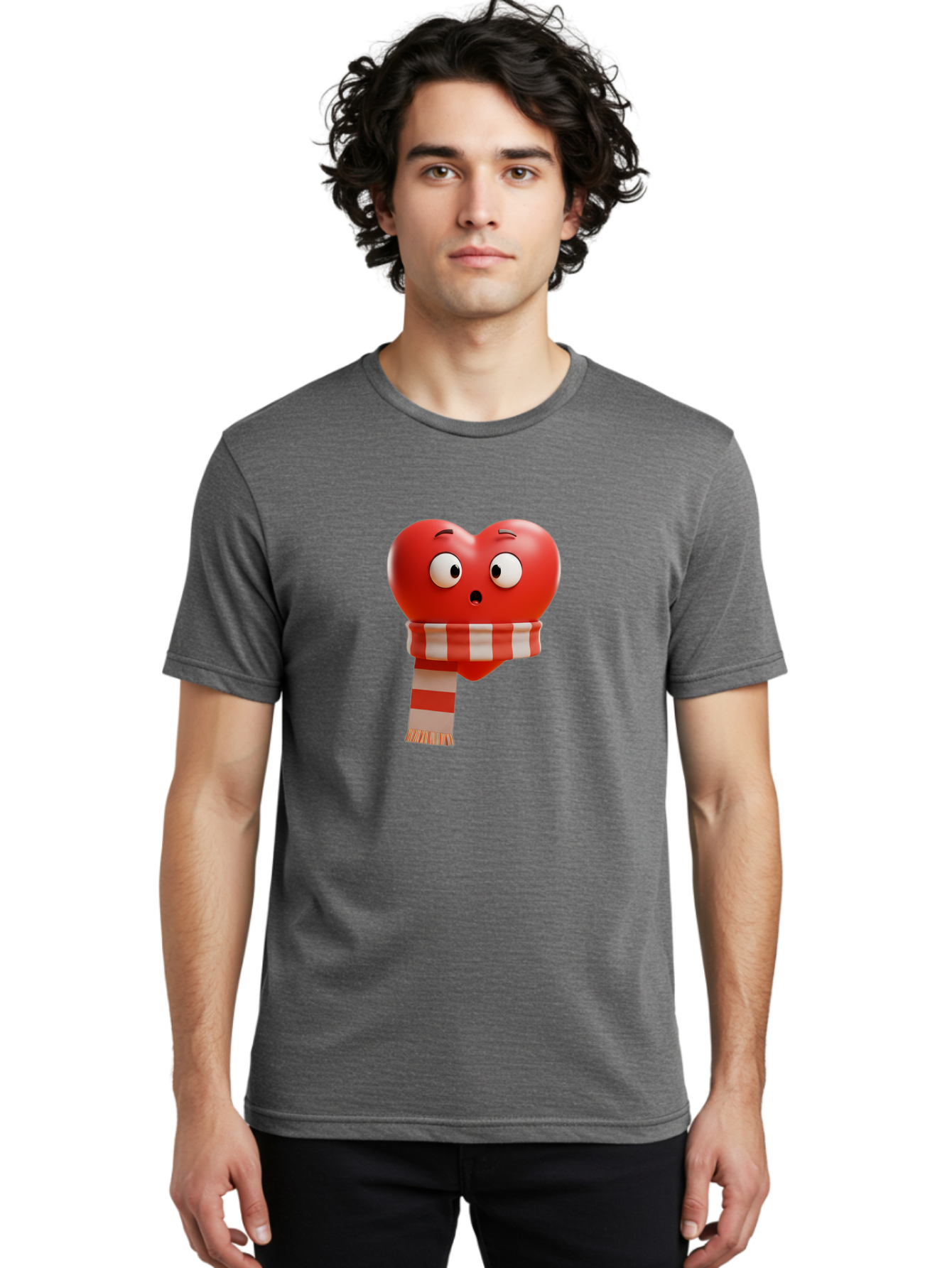 Heart-With-Scarf-3 Men'S Graphic Tee, 100% Cotton, Comfortable Casual Summer Wear, Machine Washable, Cartoon Heart, Red Heart, Surprised Face, Scarf Wrapped, Striped Scarf, 3D Character, Funny Expression, Cute Design, Winter Accessory, Bae044 21