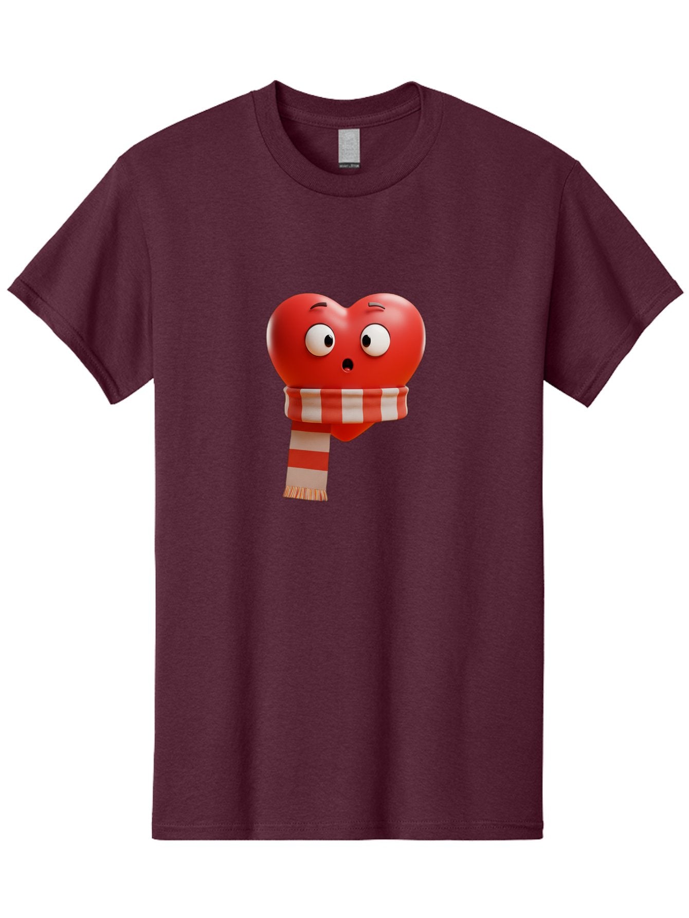 Heart-With-Scarf-3 Men'S Graphic Tee, 100% Cotton, Comfortable Casual Summer Wear, Machine Washable, Cartoon Heart, Red Heart, Surprised Face, Scarf Wrapped, Striped Scarf, 3D Character, Funny Expression, Cute Design, Winter Accessory, Bae044 5