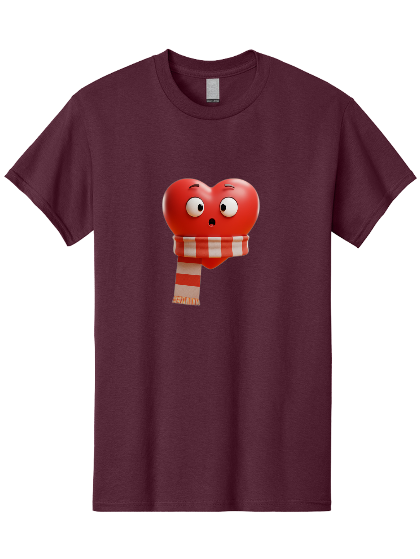 Heart-With-Scarf-3 Men'S Graphic Tee, 100% Cotton, Comfortable Casual Summer Wear, Machine Washable, Cartoon Heart, Red Heart, Surprised Face, Scarf Wrapped, Striped Scarf, 3D Character, Funny Expression, Cute Design, Winter Accessory, Bae044 8