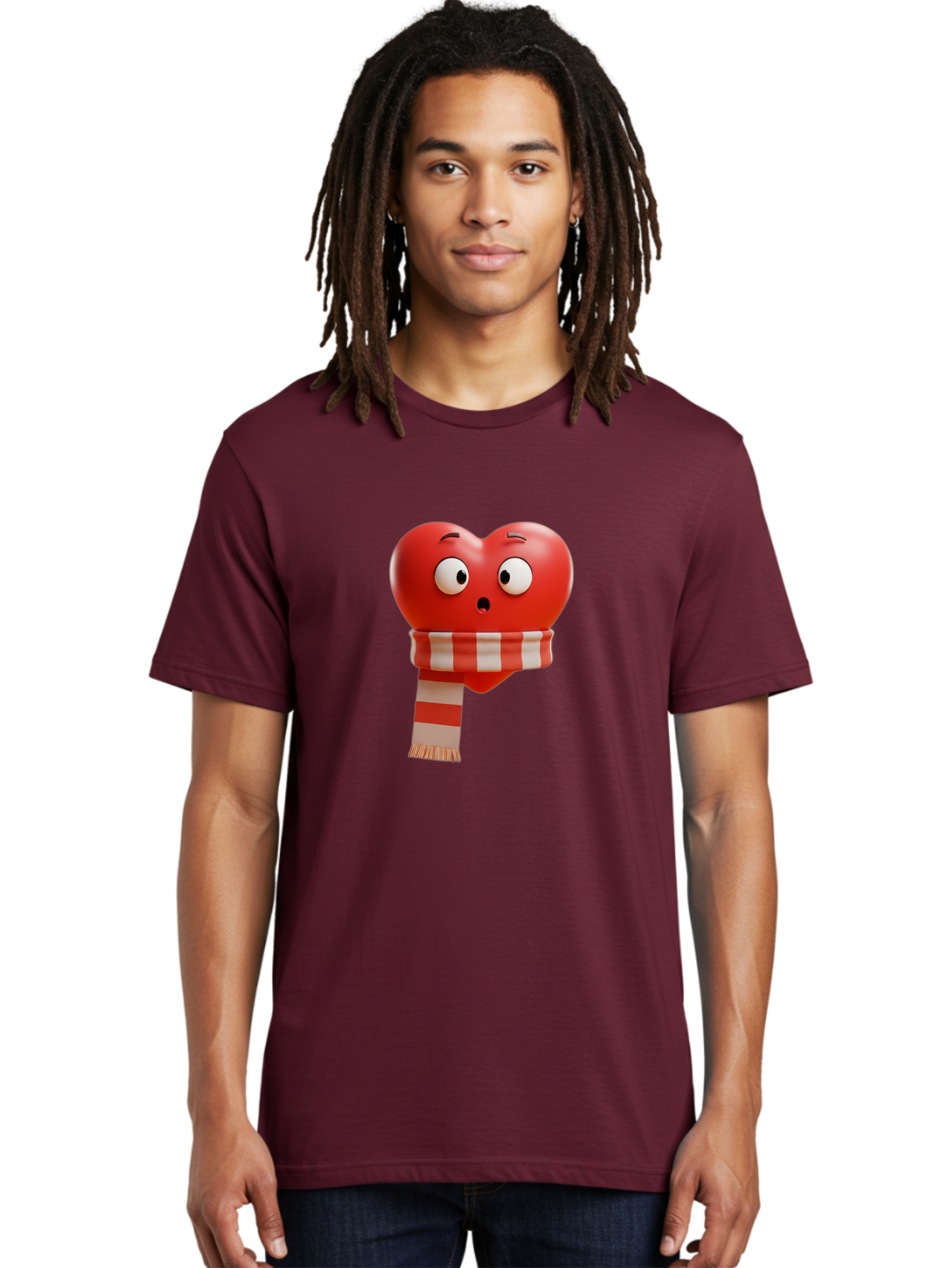Heart-With-Scarf-3 Men'S Graphic Tee, 100% Cotton, Comfortable Casual Summer Wear, Machine Washable, Cartoon Heart, Red Heart, Surprised Face, Scarf Wrapped, Striped Scarf, 3D Character, Funny Expression, Cute Design, Winter Accessory, Bae044 23
