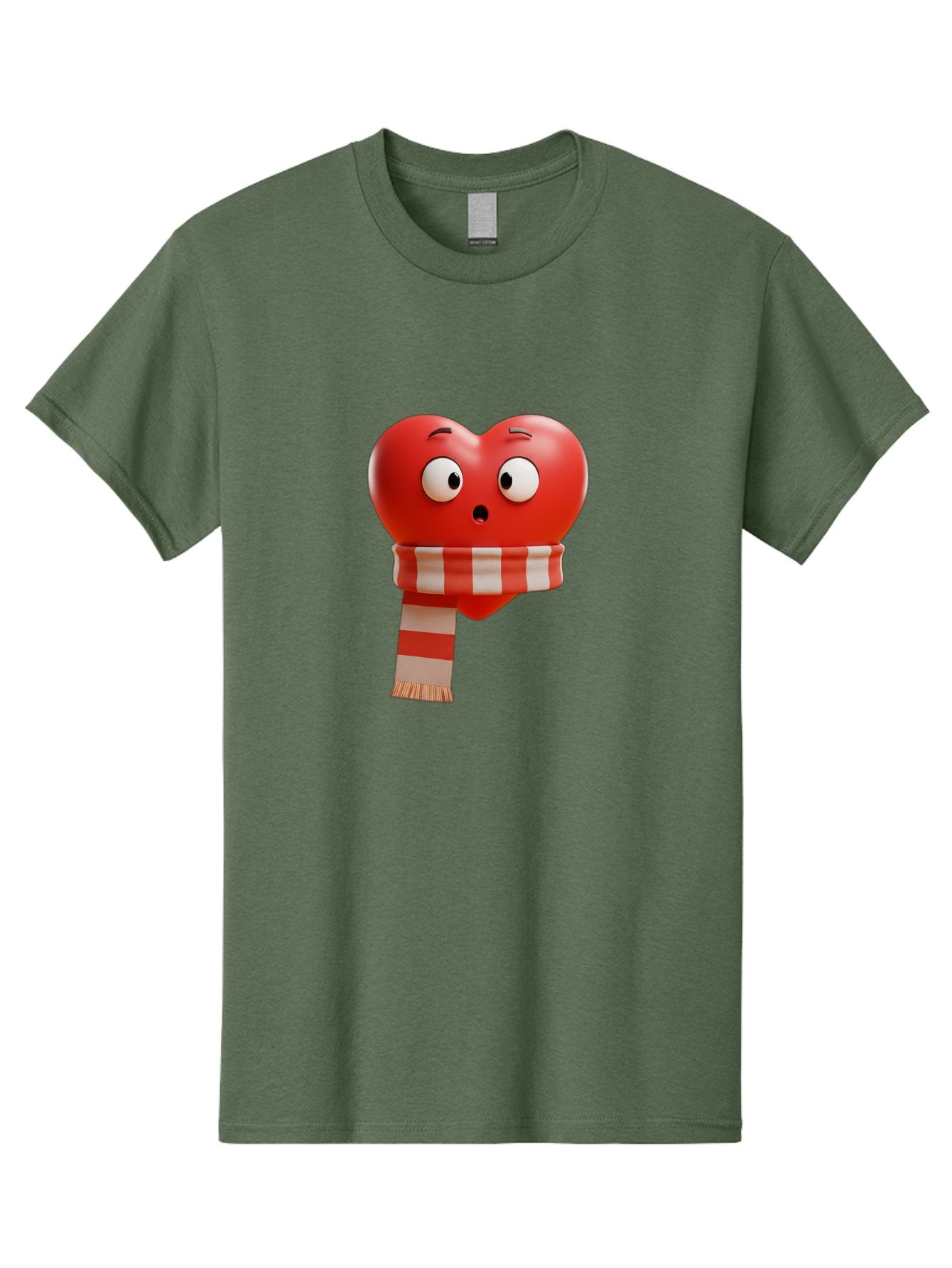 Heart-With-Scarf-3 Men'S Graphic Tee, 100% Cotton, Comfortable Casual Summer Wear, Machine Washable, Cartoon Heart, Red Heart, Surprised Face, Scarf Wrapped, Striped Scarf, 3D Character, Funny Expression, Cute Design, Winter Accessory, Bae044 7