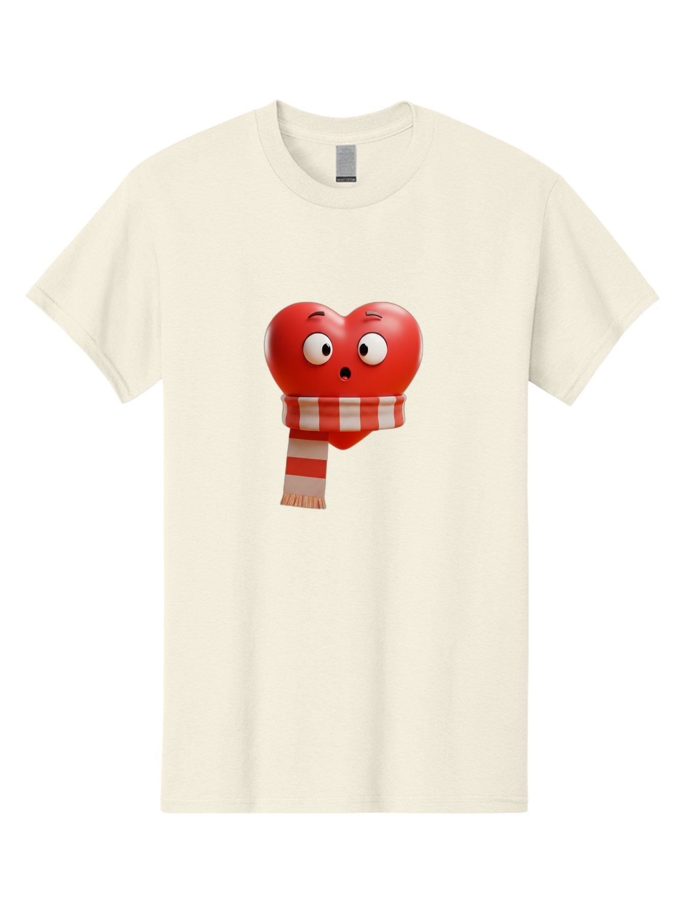 Heart-With-Scarf-3 Men'S Graphic Tee, 100% Cotton, Comfortable Casual Summer Wear, Machine Washable, Cartoon Heart, Red Heart, Surprised Face, Scarf Wrapped, Striped Scarf, 3D Character, Funny Expression, Cute Design, Winter Accessory, Bae044 12