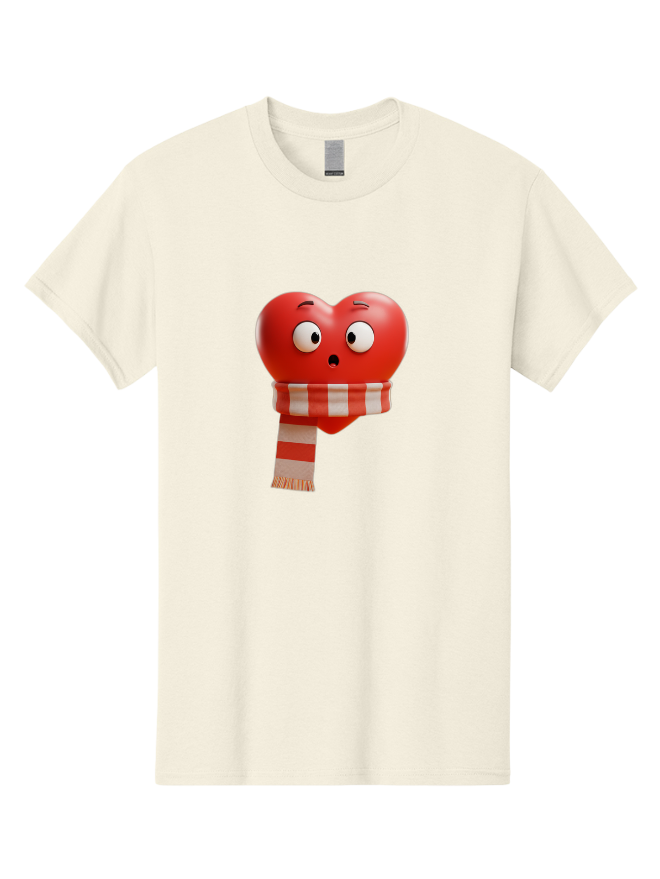 Heart-With-Scarf-3 Men'S Graphic Tee, 100% Cotton, Comfortable Casual Summer Wear, Machine Washable, Cartoon Heart, Red Heart, Surprised Face, Scarf Wrapped, Striped Scarf, 3D Character, Funny Expression, Cute Design, Winter Accessory, Bae044 3