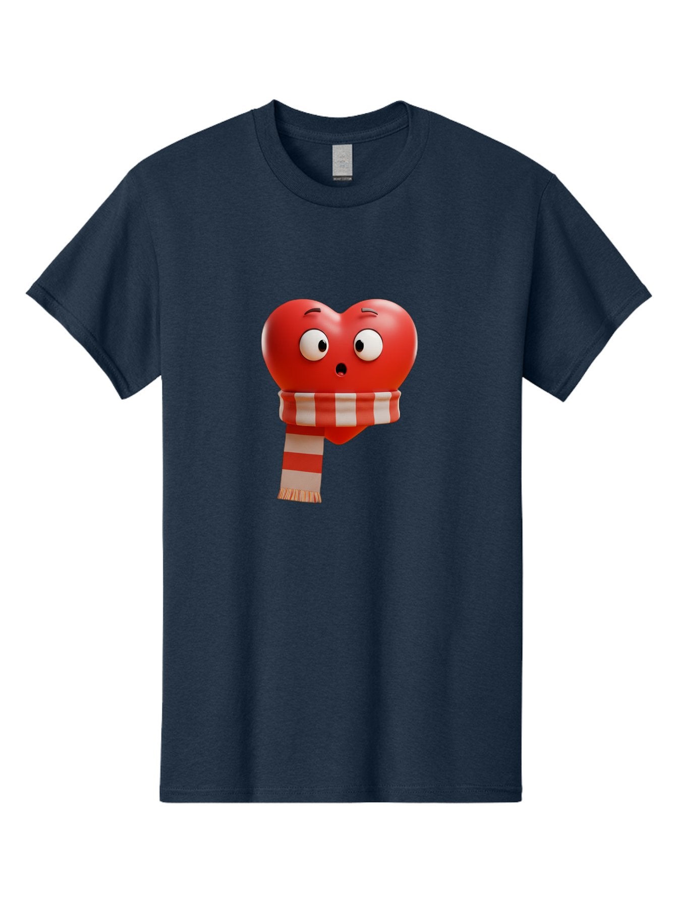 Heart-With-Scarf-3 Men'S Graphic Tee, 100% Cotton, Comfortable Casual Summer Wear, Machine Washable, Cartoon Heart, Red Heart, Surprised Face, Scarf Wrapped, Striped Scarf, 3D Character, Funny Expression, Cute Design, Winter Accessory, Bae044 11
