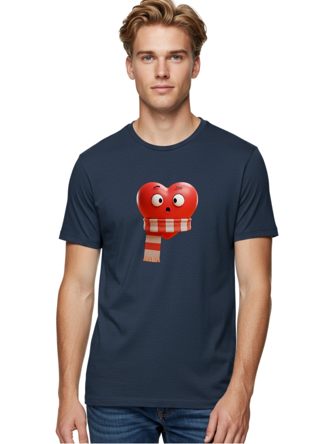 Heart-With-Scarf-3 Men'S Graphic Tee, 100% Cotton, Comfortable Casual Summer Wear, Machine Washable, Cartoon Heart, Red Heart, Surprised Face, Scarf Wrapped, Striped Scarf, 3D Character, Funny Expression, Cute Design, Winter Accessory, Bae044 27
