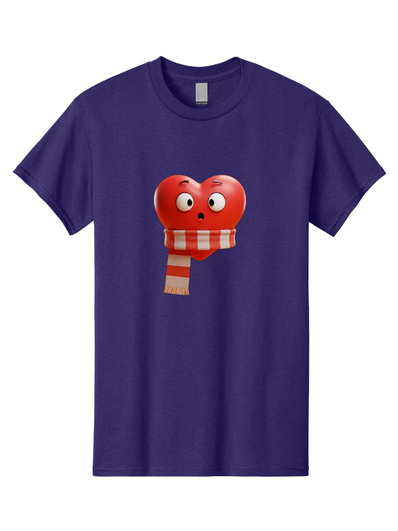 Heart-With-Scarf-3 Men'S Graphic Tee, 100% Cotton, Comfortable Casual Summer Wear, Machine Washable, Cartoon Heart, Red Heart, Surprised Face, Scarf Wrapped, Striped Scarf, 3D Character, Funny Expression, Cute Design, Winter Accessory, Bae044