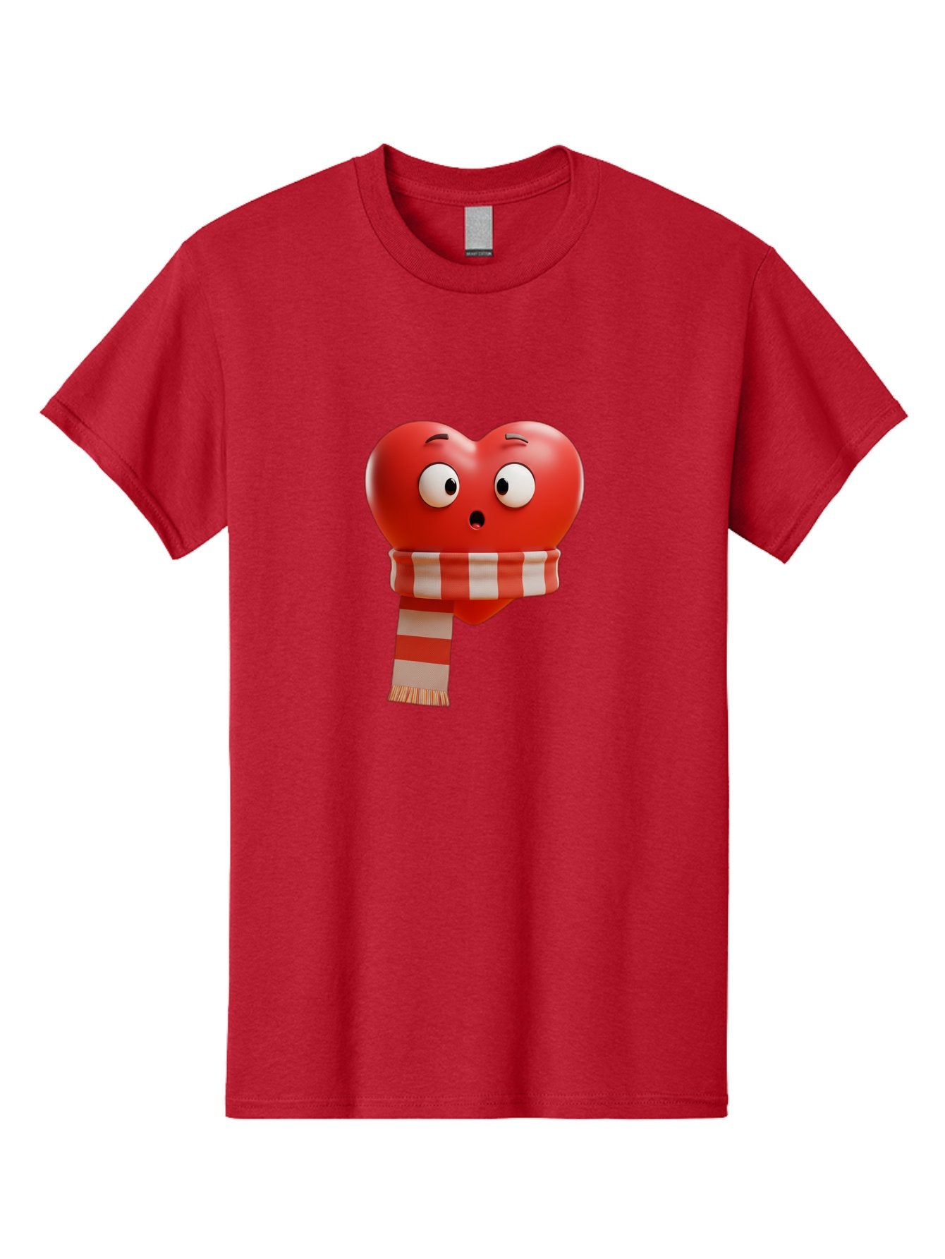 Heart-With-Scarf-3 Men'S Graphic Tee, 100% Cotton, Comfortable Casual Summer Wear, Machine Washable, Cartoon Heart, Red Heart, Surprised Face, Scarf Wrapped, Striped Scarf, 3D Character, Funny Expression, Cute Design, Winter Accessory, Bae044 10