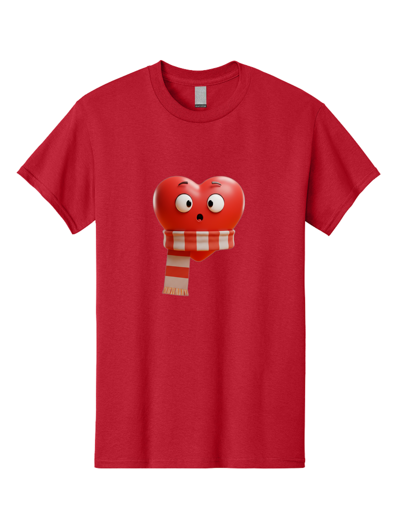 Heart-With-Scarf-3 Men'S Graphic Tee, 100% Cotton, Comfortable Casual Summer Wear, Machine Washable, Cartoon Heart, Red Heart, Surprised Face, Scarf Wrapped, Striped Scarf, 3D Character, Funny Expression, Cute Design, Winter Accessory, Bae044 14
