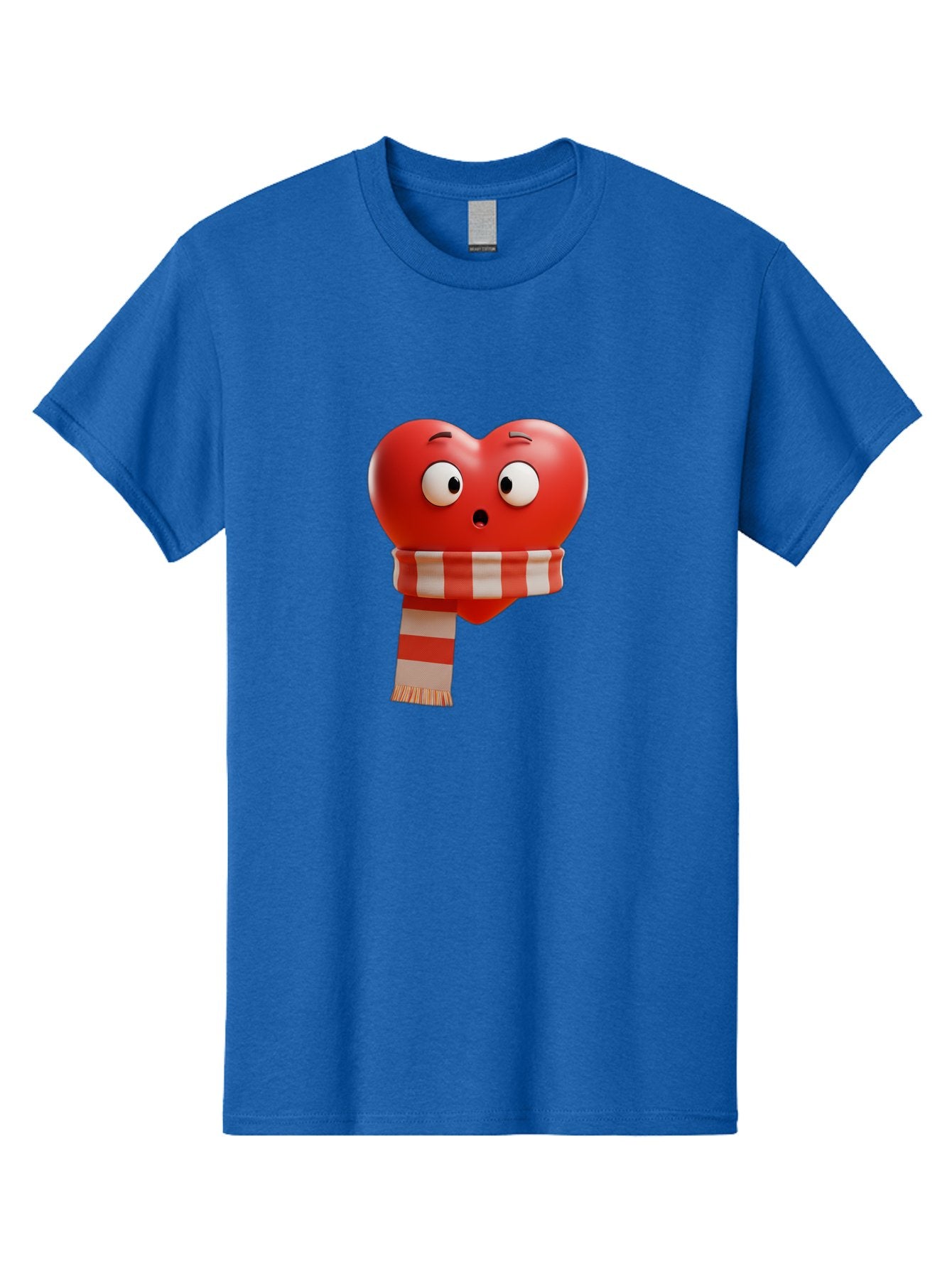 Heart-With-Scarf-3 Men'S Graphic Tee, 100% Cotton, Comfortable Casual Summer Wear, Machine Washable, Cartoon Heart, Red Heart, Surprised Face, Scarf Wrapped, Striped Scarf, 3D Character, Funny Expression, Cute Design, Winter Accessory, Bae044 13