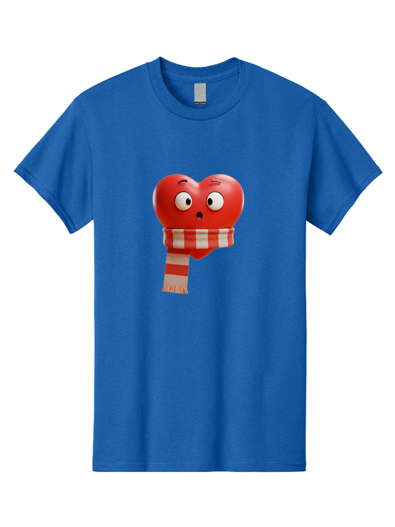 Heart-With-Scarf-3 Men'S Graphic Tee, 100% Cotton, Comfortable Casual Summer Wear, Machine Washable, Cartoon Heart, Red Heart, Surprised Face, Scarf Wrapped, Striped Scarf, 3D Character, Funny Expression, Cute Design, Winter Accessory, Bae044 15