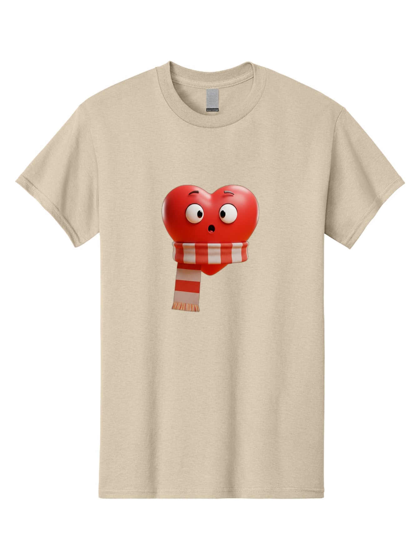 Heart-With-Scarf-3 Men'S Graphic Tee, 100% Cotton, Comfortable Casual Summer Wear, Machine Washable, Cartoon Heart, Red Heart, Surprised Face, Scarf Wrapped, Striped Scarf, 3D Character, Funny Expression, Cute Design, Winter Accessory, Bae044 4