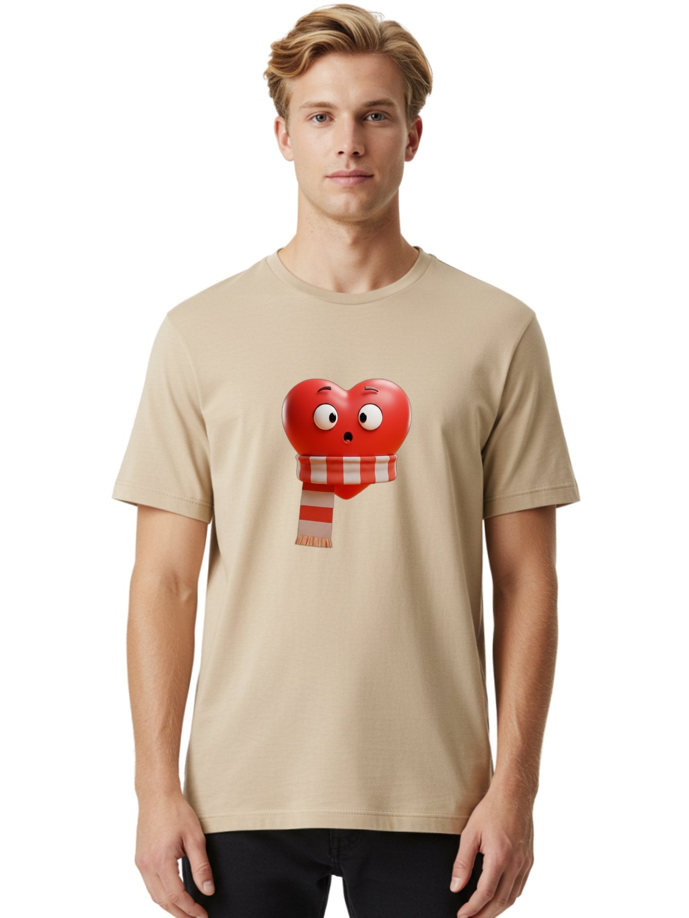 Heart-With-Scarf-3 Men'S Graphic Tee, 100% Cotton, Comfortable Casual Summer Wear, Machine Washable, Cartoon Heart, Red Heart, Surprised Face, Scarf Wrapped, Striped Scarf, 3D Character, Funny Expression, Cute Design, Winter Accessory, Bae044 18