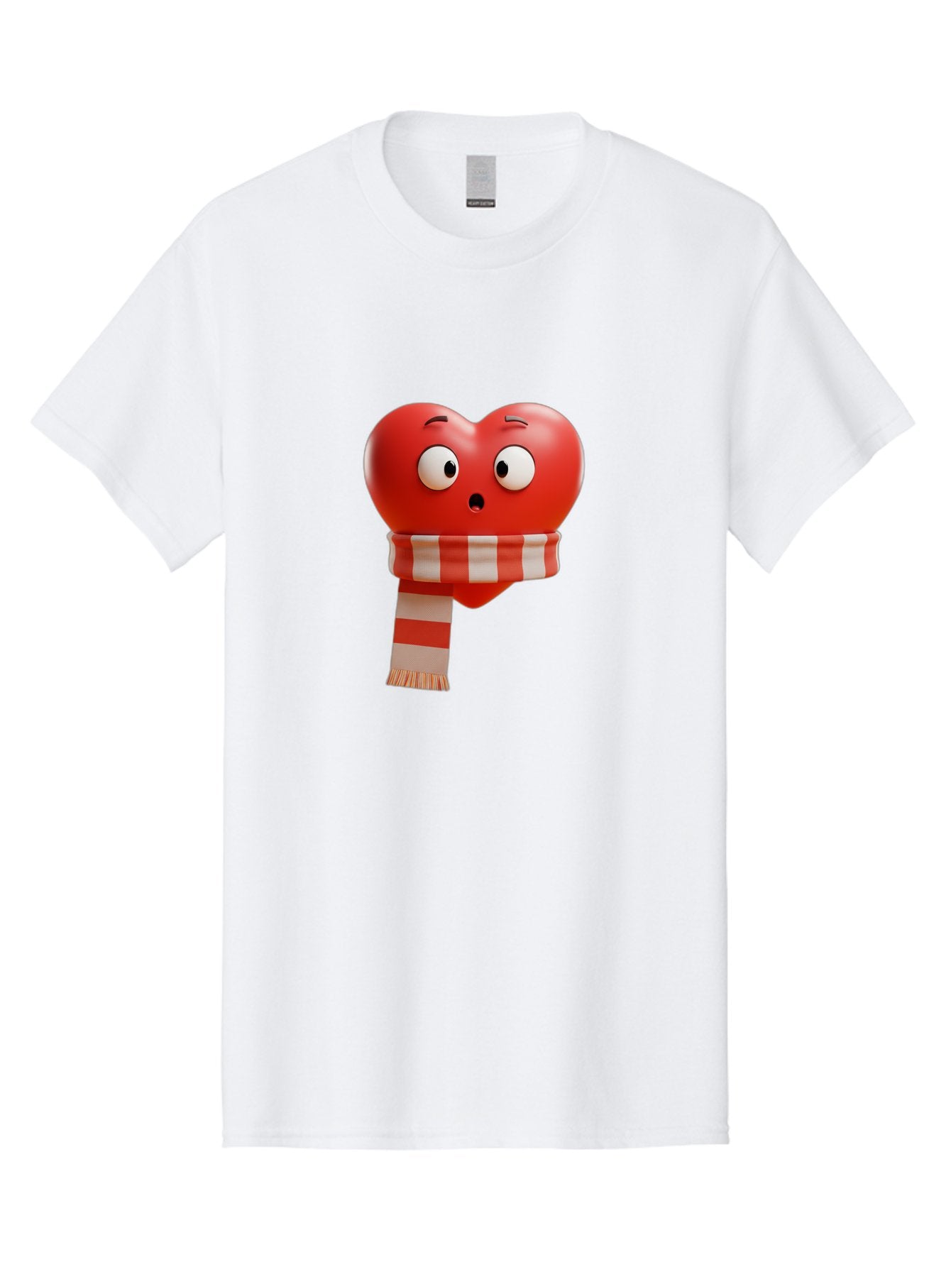 Heart-With-Scarf-3 Men'S Graphic Tee, 100% Cotton, Comfortable Casual Summer Wear, Machine Washable, Cartoon Heart, Red Heart, Surprised Face, Scarf Wrapped, Striped Scarf, 3D Character, Funny Expression, Cute Design, Winter Accessory, Bae044 14