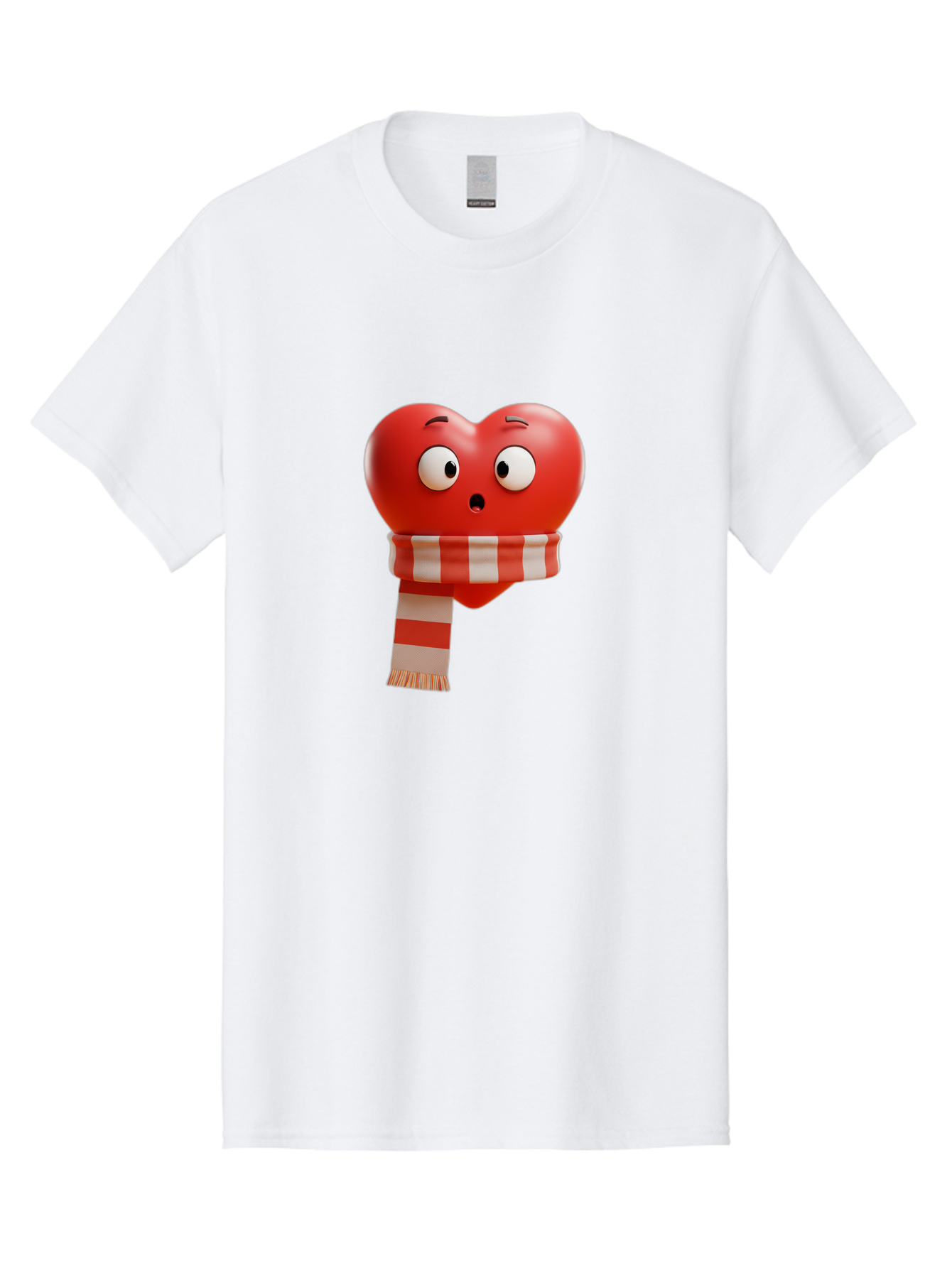 Heart-With-Scarf-3 Men'S Graphic Tee, 100% Cotton, Comfortable Casual Summer Wear, Machine Washable, Cartoon Heart, Red Heart, Surprised Face, Scarf Wrapped, Striped Scarf, 3D Character, Funny Expression, Cute Design, Winter Accessory, Bae044