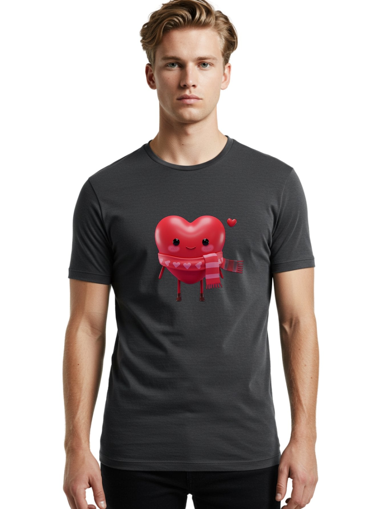 Heart-With-Scarf-4 Men'S Graphic Tee, 100% Cotton, Comfortable Casual Summer Wear, Machine Washable, Cartoon Heart, Heart Character, Smiling Face, Pink Scarf, Love Symbol, Valentines Day, Heart Pattern, Cute Design, Adorable Illustration, Bae045 22