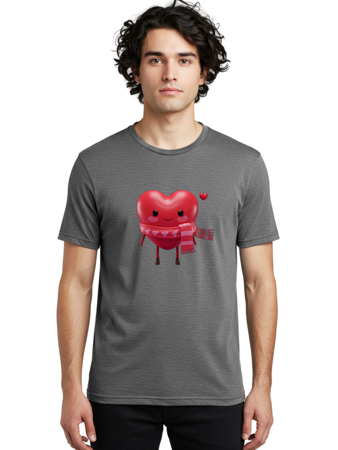 Heart-With-Scarf-4 Men'S Graphic Tee, 100% Cotton, Comfortable Casual Summer Wear, Machine Washable, Cartoon Heart, Heart Character, Smiling Face, Pink Scarf, Love Symbol, Valentines Day, Heart Pattern, Cute Design, Adorable Illustration, Bae045 21