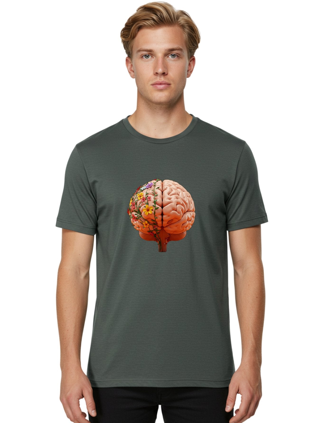 Human-Brain-With-Flowers Men'S Graphic Tee, 100% Cotton, Comfortable Casual Summer Wear, Machine Washable, Human Brain, Floral Growth, Creative Thinking, Brain Development, Mental Wellness, Colorful Blooms, Cognitive Function, Bae047 28